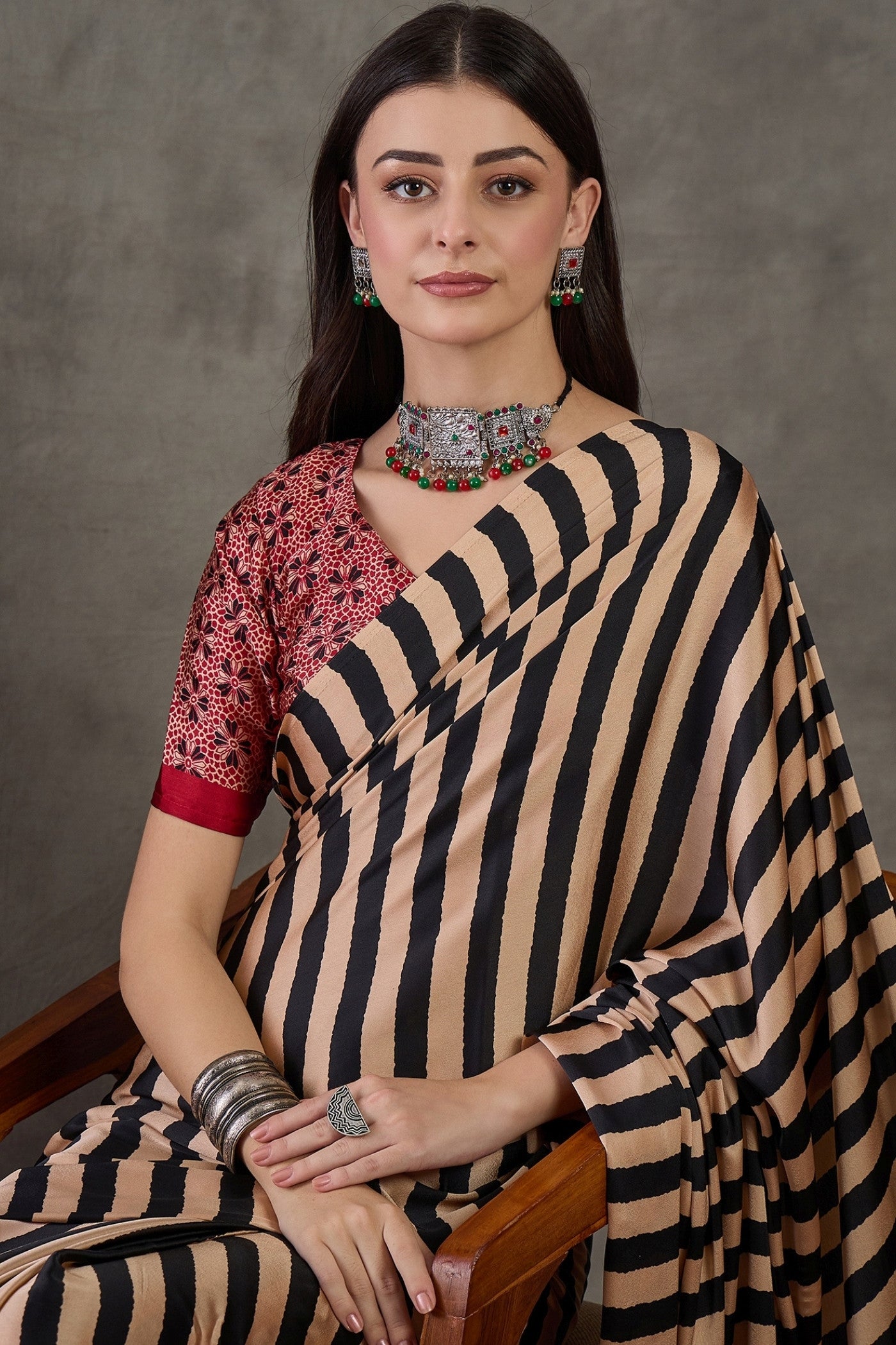 Buy MySilkLove Sonali Kulkarni Inspired: Buff Cream Stripe Ajrakh Printed Satin Gaji Silk Saree Online