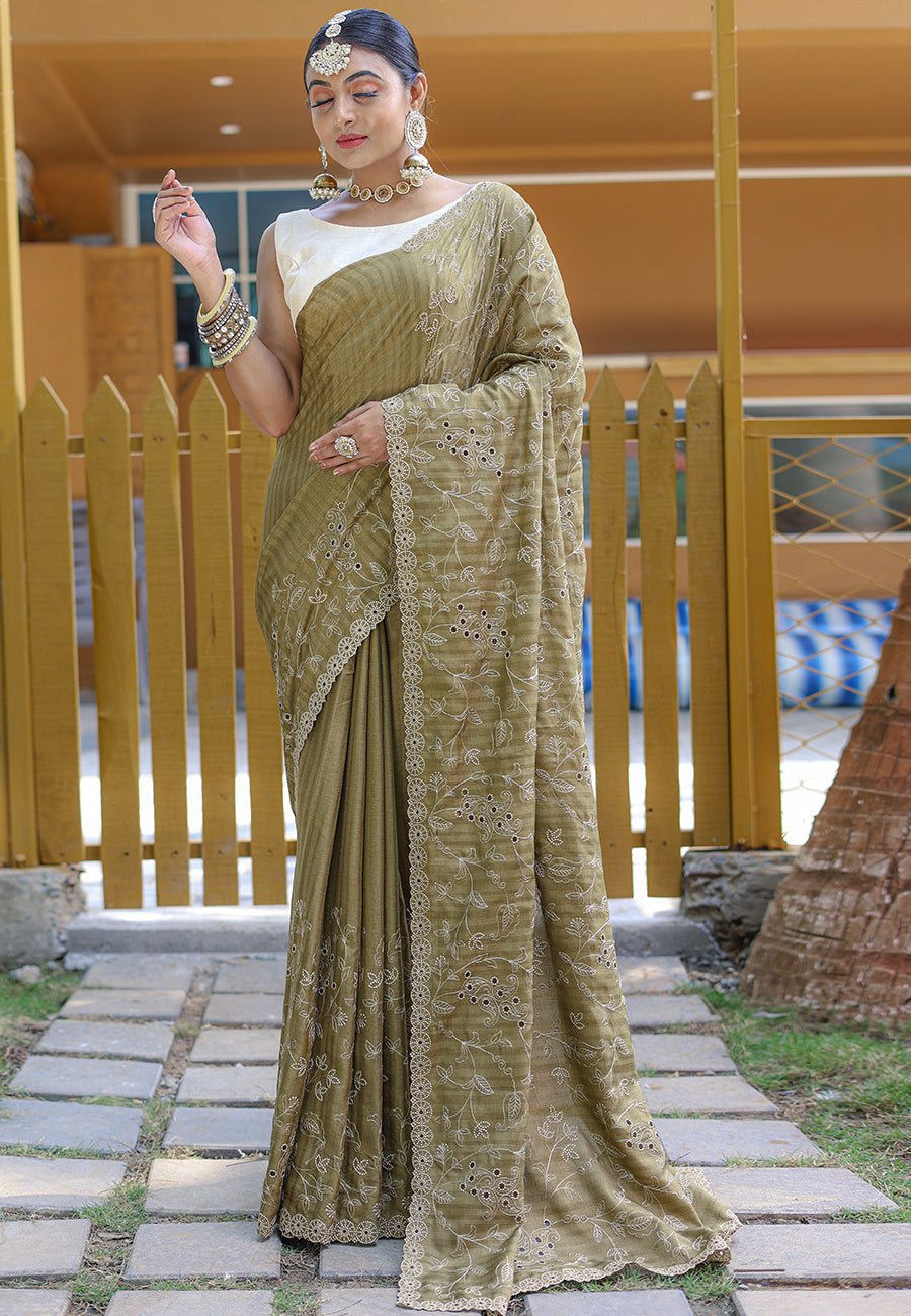 Buy MySilkLove Arrowtown Green Embroidered Tussar Silk Saree Online