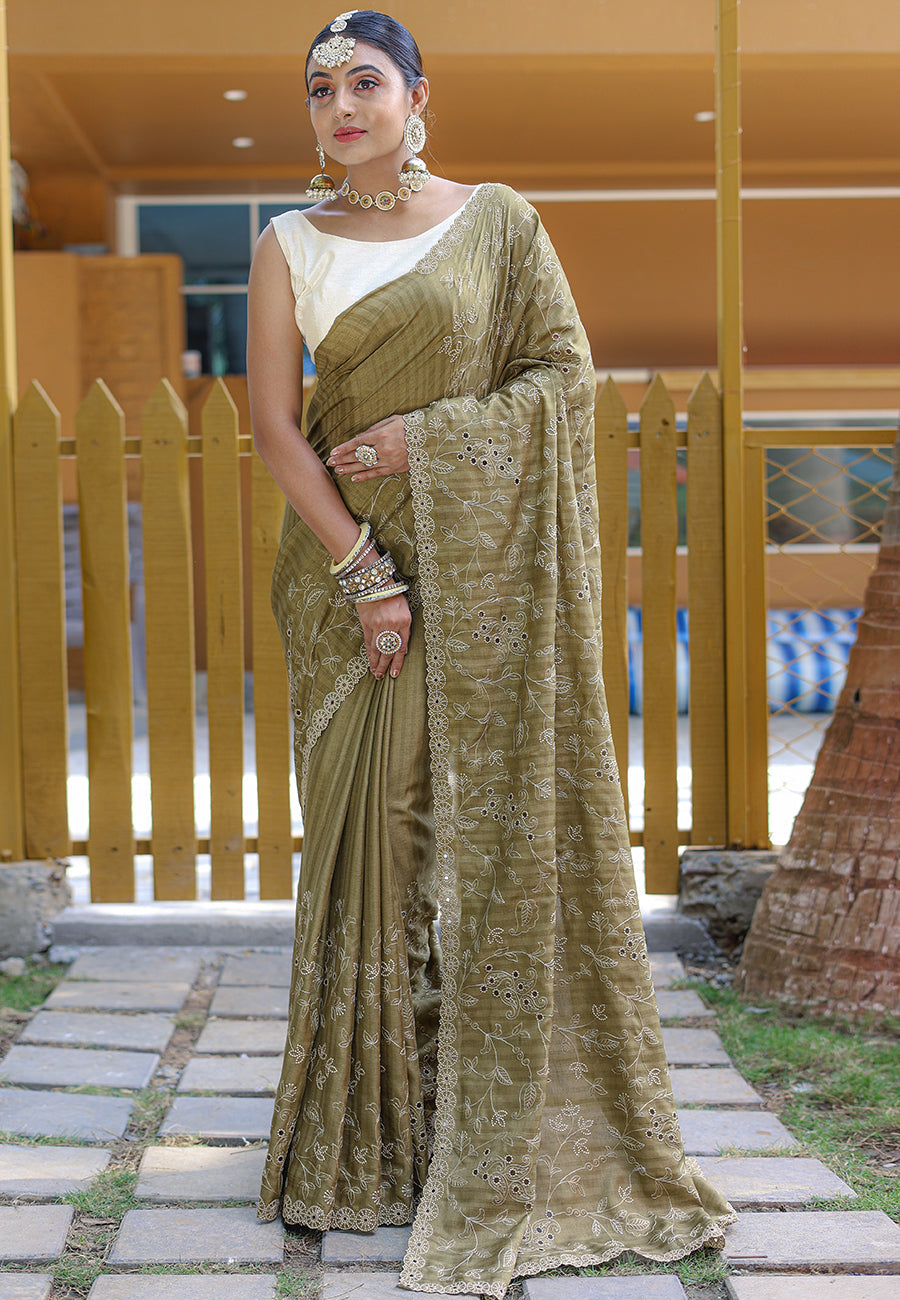 Buy MySilkLove Arrowtown Green Embroidered Tussar Silk Saree Online