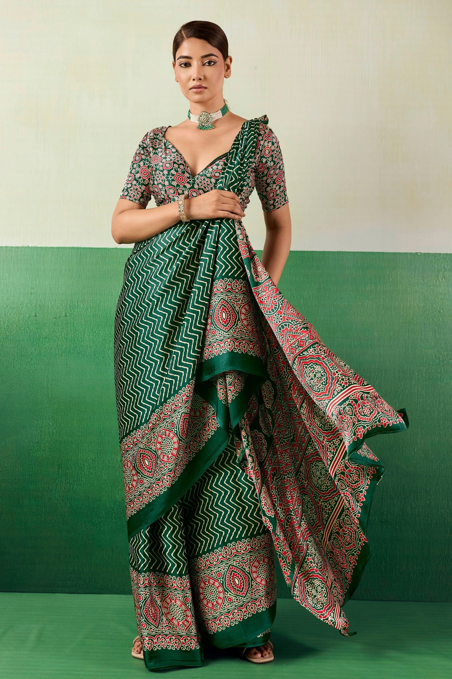 Buy MySilkLove Spring Green Modal Ajrakh Satin Printed Silk Saree Online