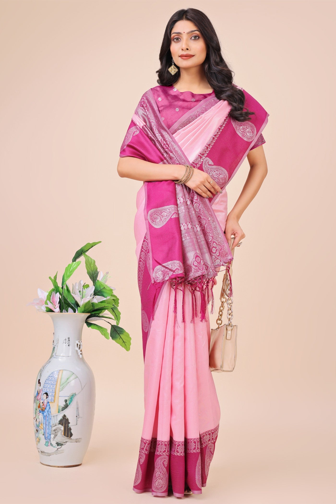 Buy MySilkLove Barbie Pink Woven Banarasi Saree Online