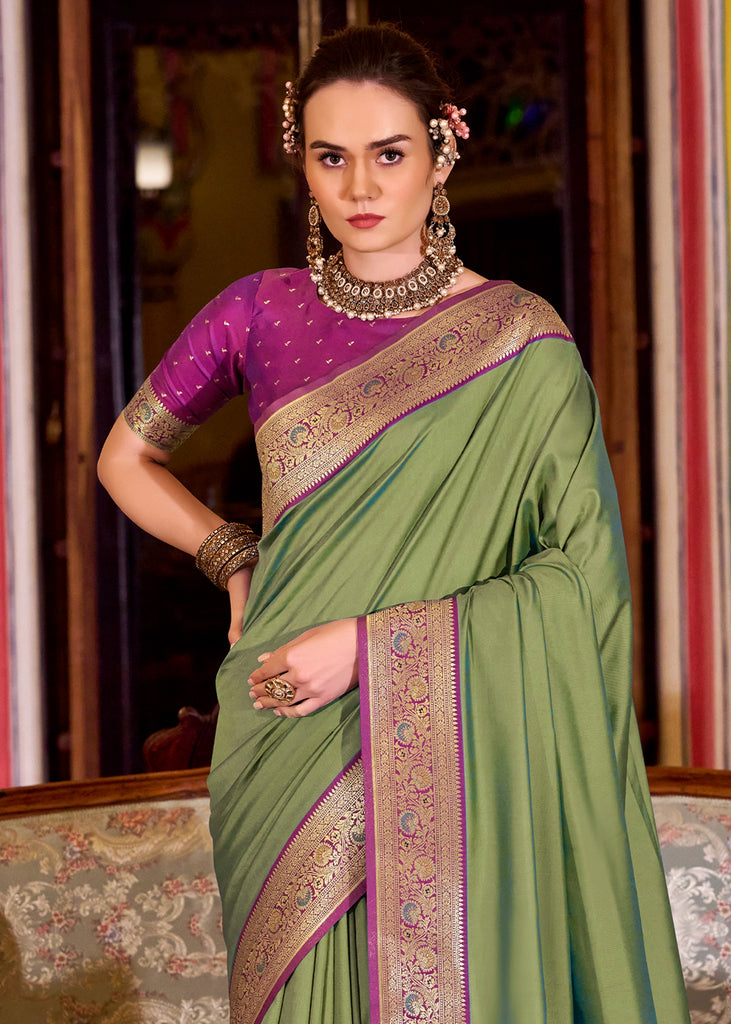 Buy MySilkLove Lime Green Woven Banarasi Soft Silk Saree Online
