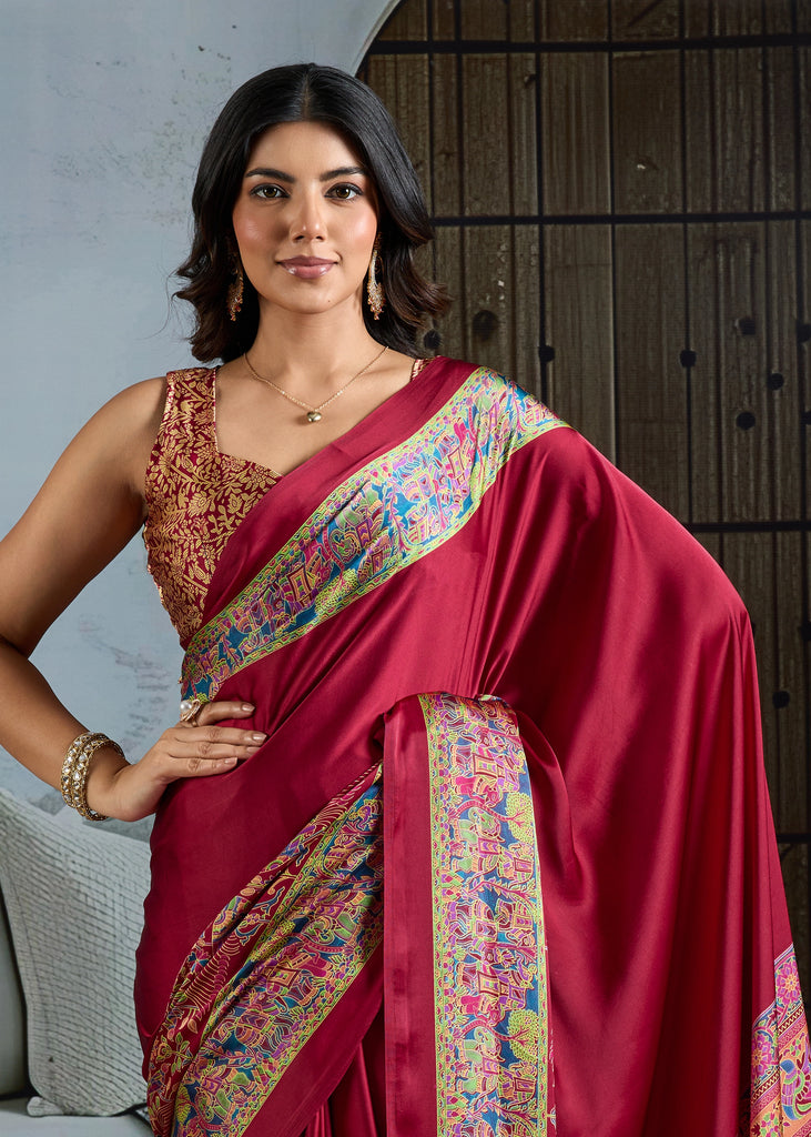 MySilkLove Claret Red Printed Satin Crepe Silk Saree