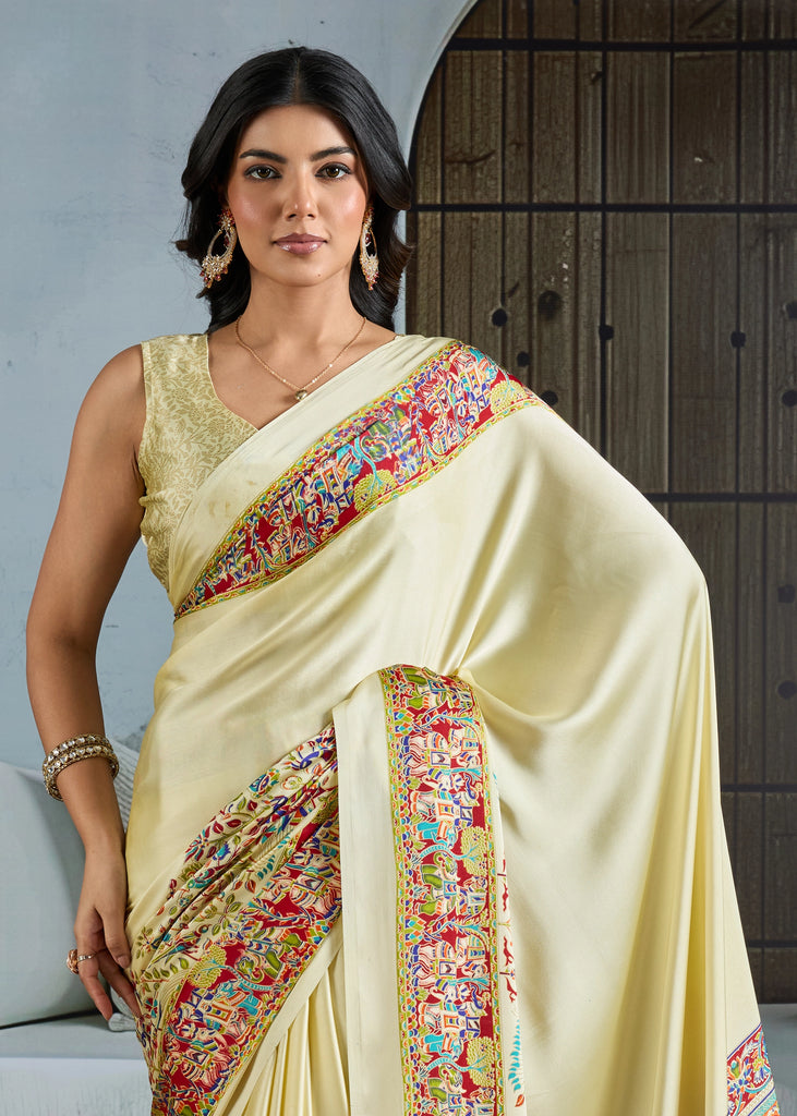 Buy MySilkLove Nacreous Cream Printed Satin Crepe Silk Saree Online