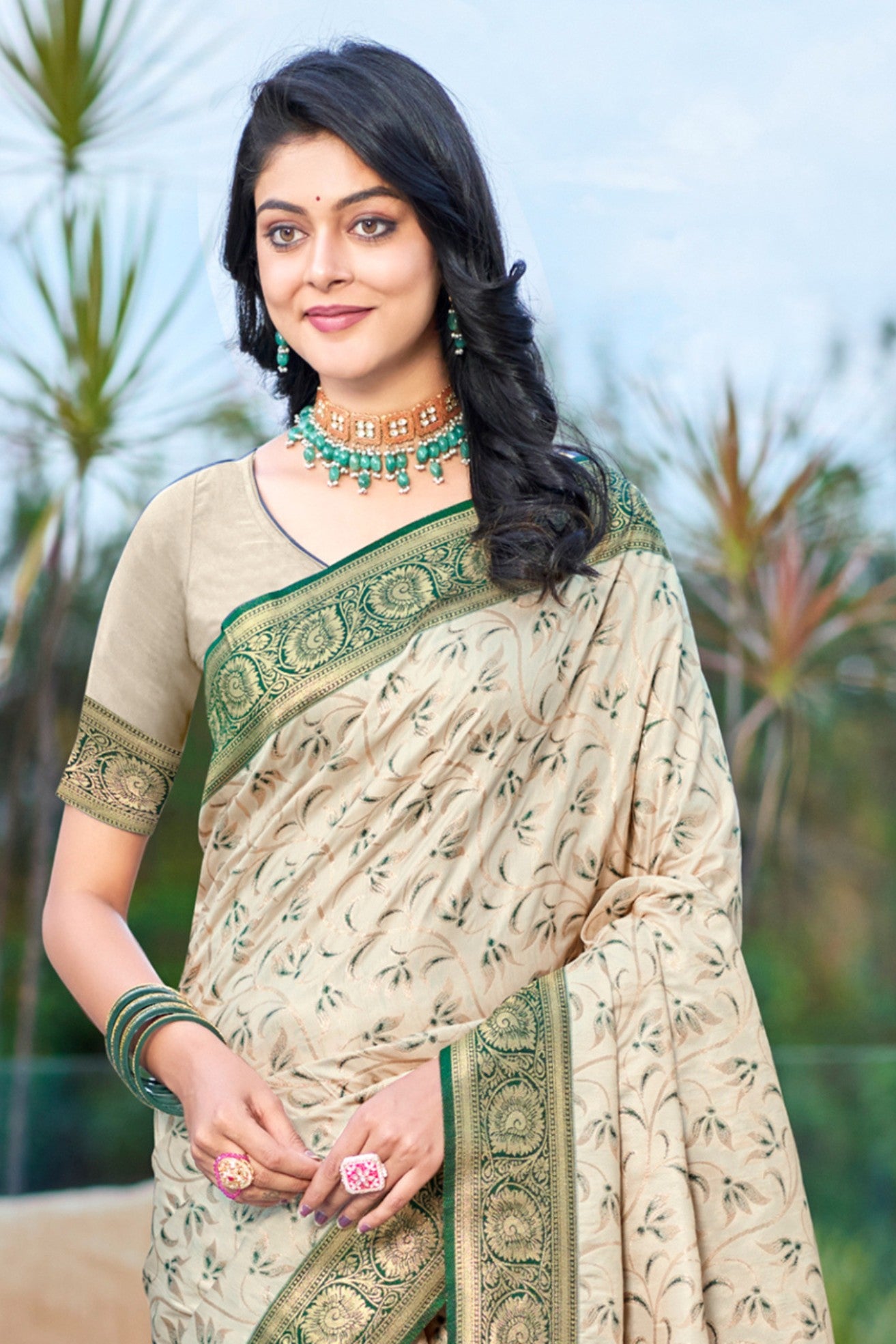 Buy MySilkLove Butter Cream and Green Woven Banarasi Saree Online