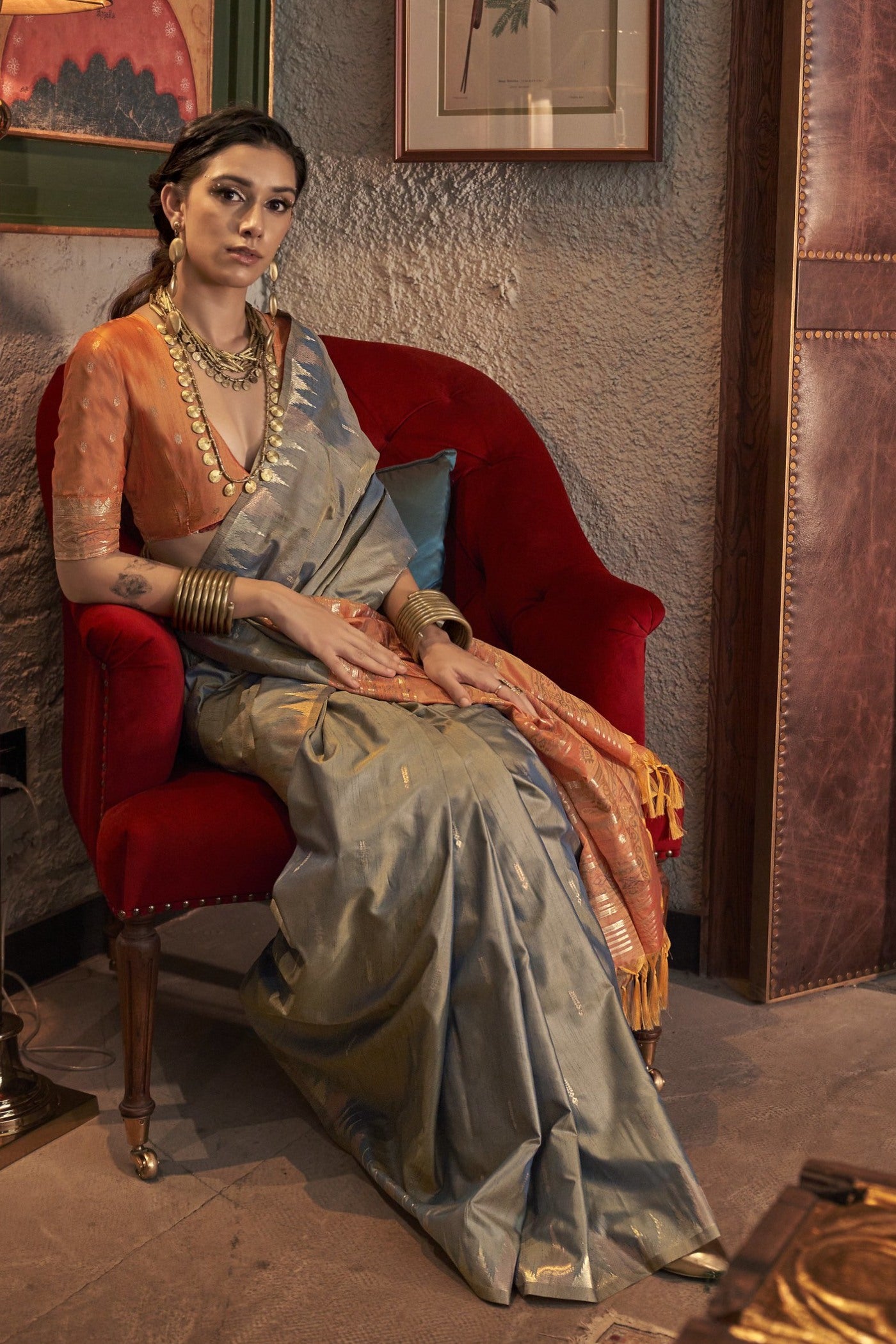 Buy MySilkLove Cloudy Grey Woven Linen Saree Online