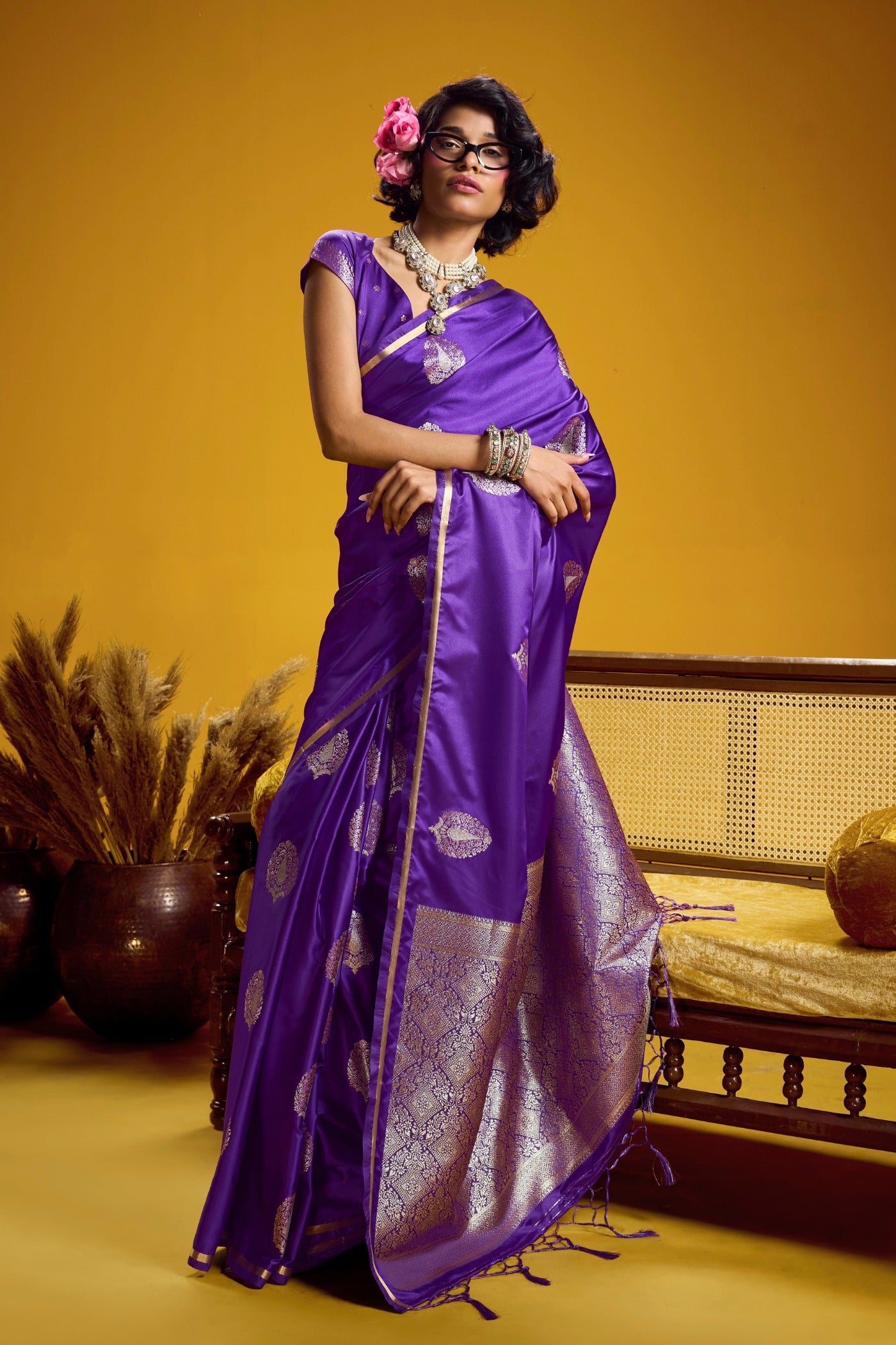 Buy MySilkLove Dark Purple Handloom Satin Silk Saree Online