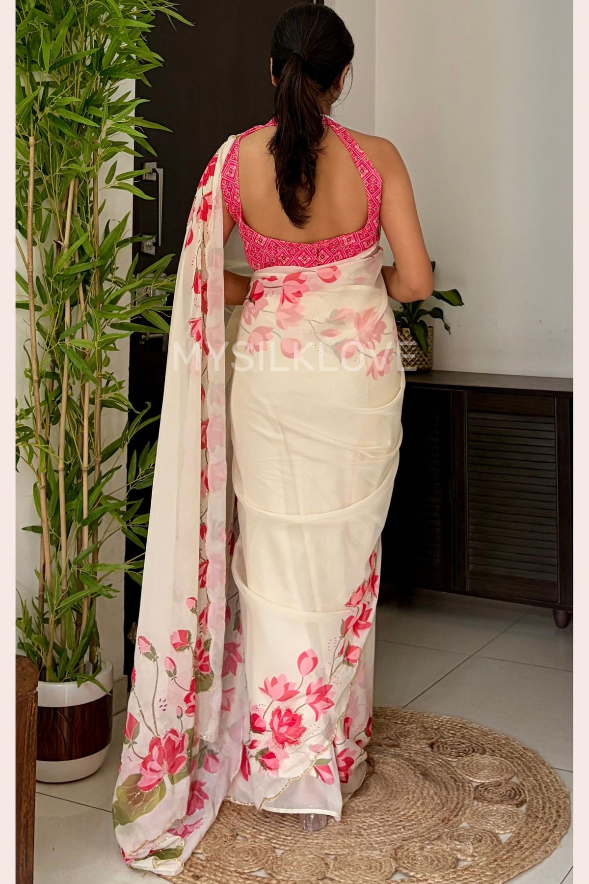Buy MySilkLove Magnolia White Georgette Lotus Sequin Embroidery Saree Work with Patola Designer Blouse Piece — Buy Online | MySilkLove Online