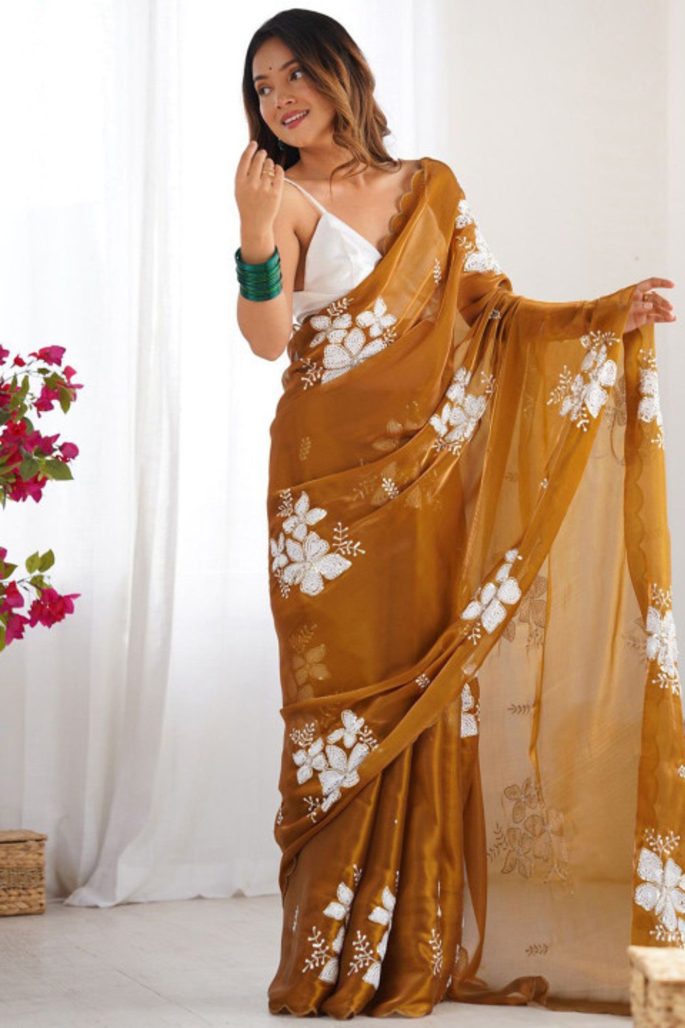 Buy MySilkLove Cognac Brown Floral Partywear Saree Online