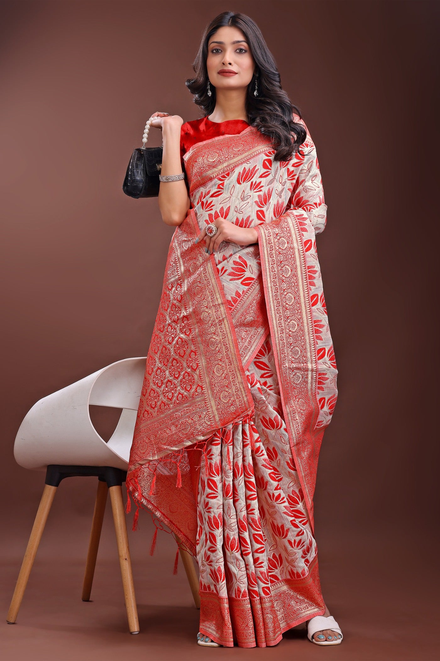 Buy MySilkLove Punch Red Linen Cotton Saree Online