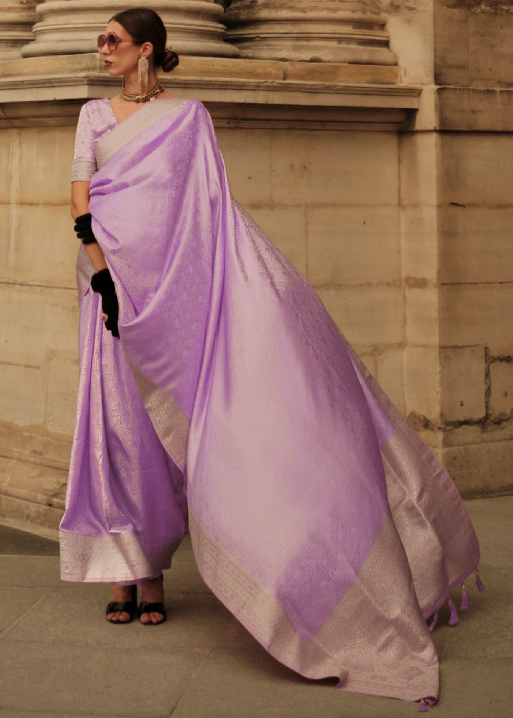 Buy MySilkLove Biloba Flower Purple Woven Banarasi Satin Silk Saree Online