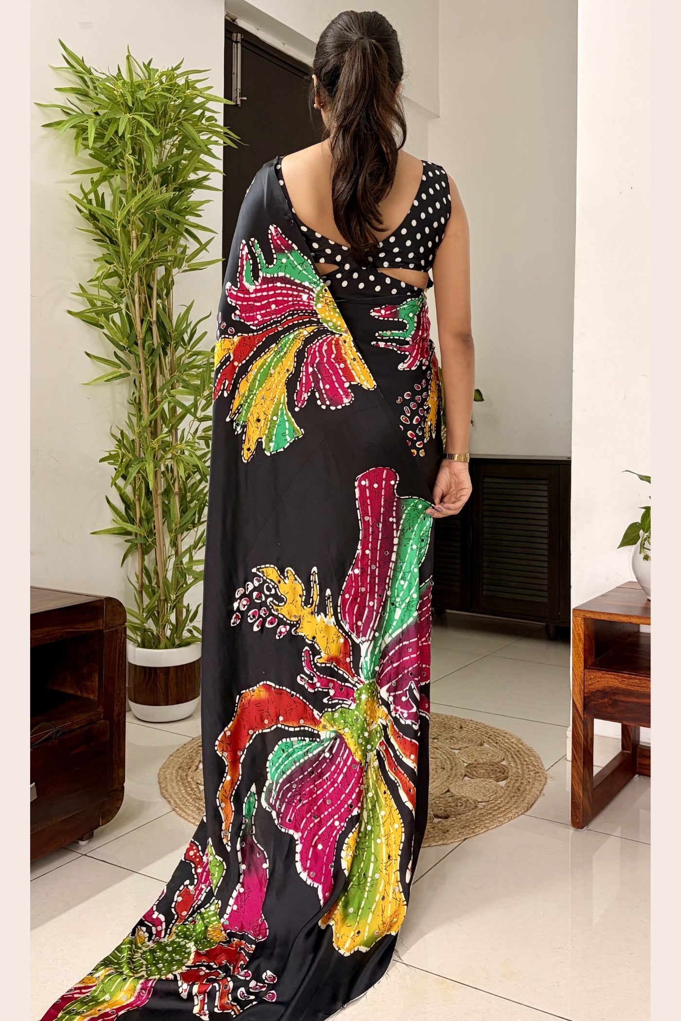 Buy MySilkLove Midnight Black Bloom Floral Mirror Work Satin Silk Saree Online