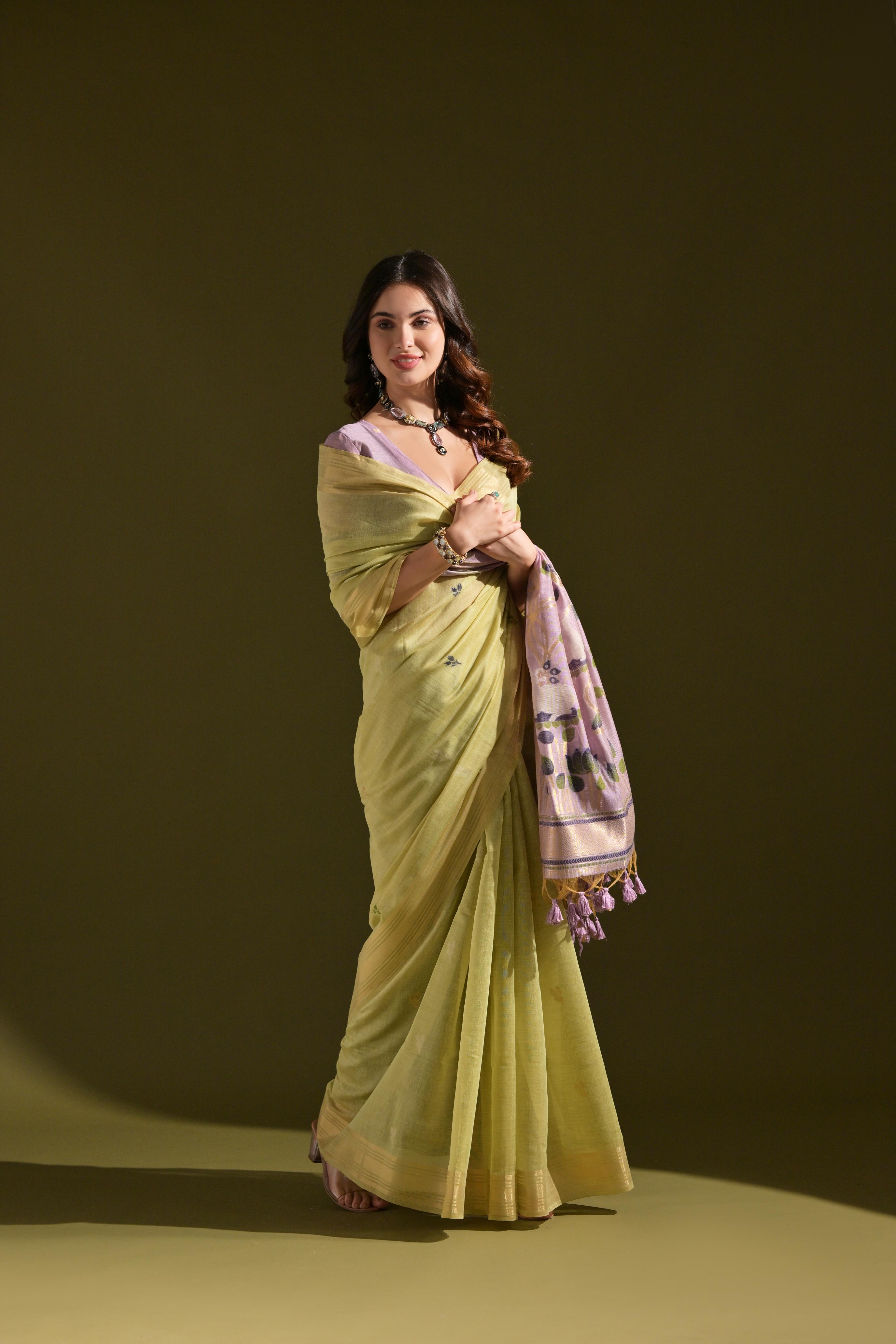 Buy MySilkLove Pulpit Green Woven Muga Cotton Saree Online