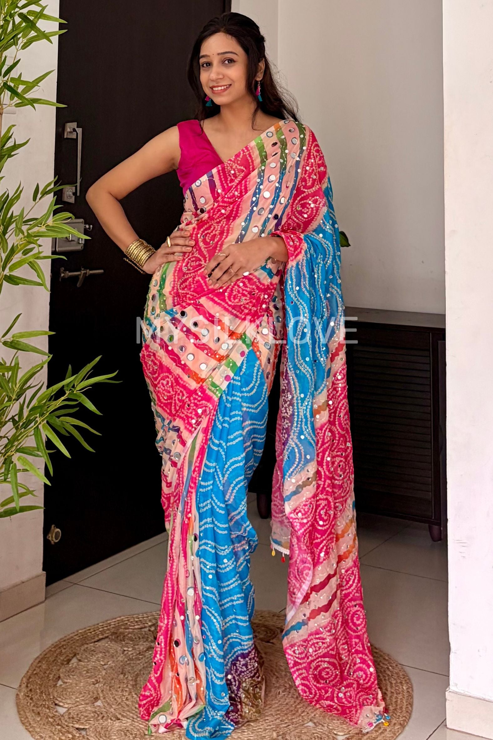 Buy MySilkLove Zareen Khan Inspired: Pink and Blue Pure Georgette Mirror Work Saree Online