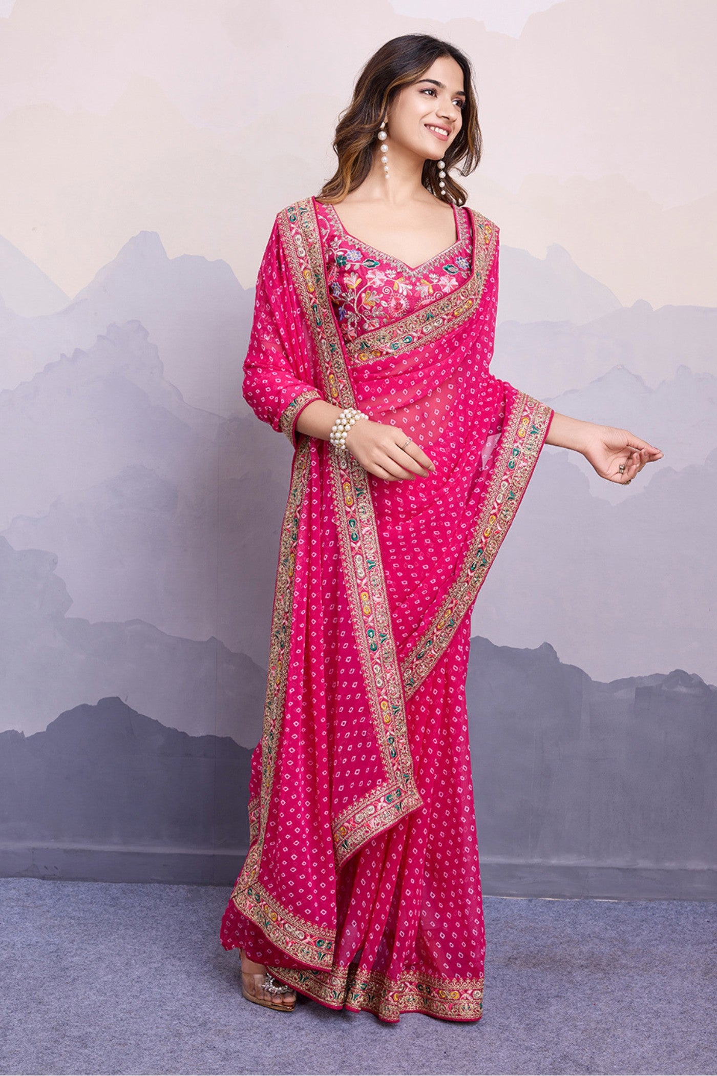 Buy MySilkLove Magenta Pink Bandhani Georgette Printed Partywear Saree Online