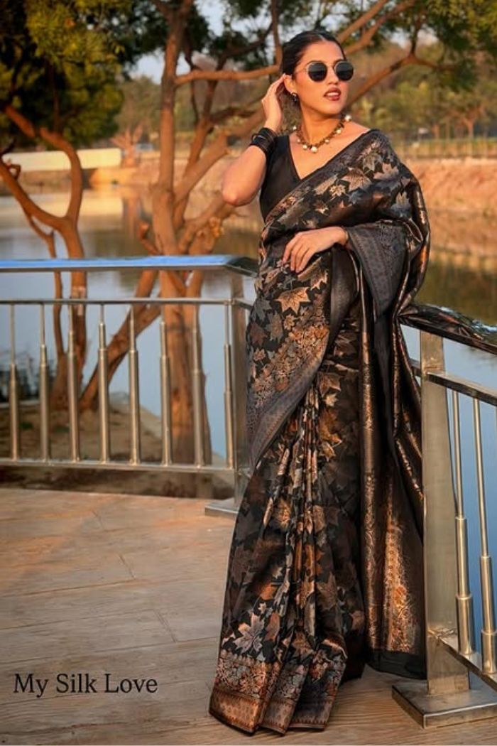 Buy MySilkLove Coral Black Banarasi Soft Silk Saree Online