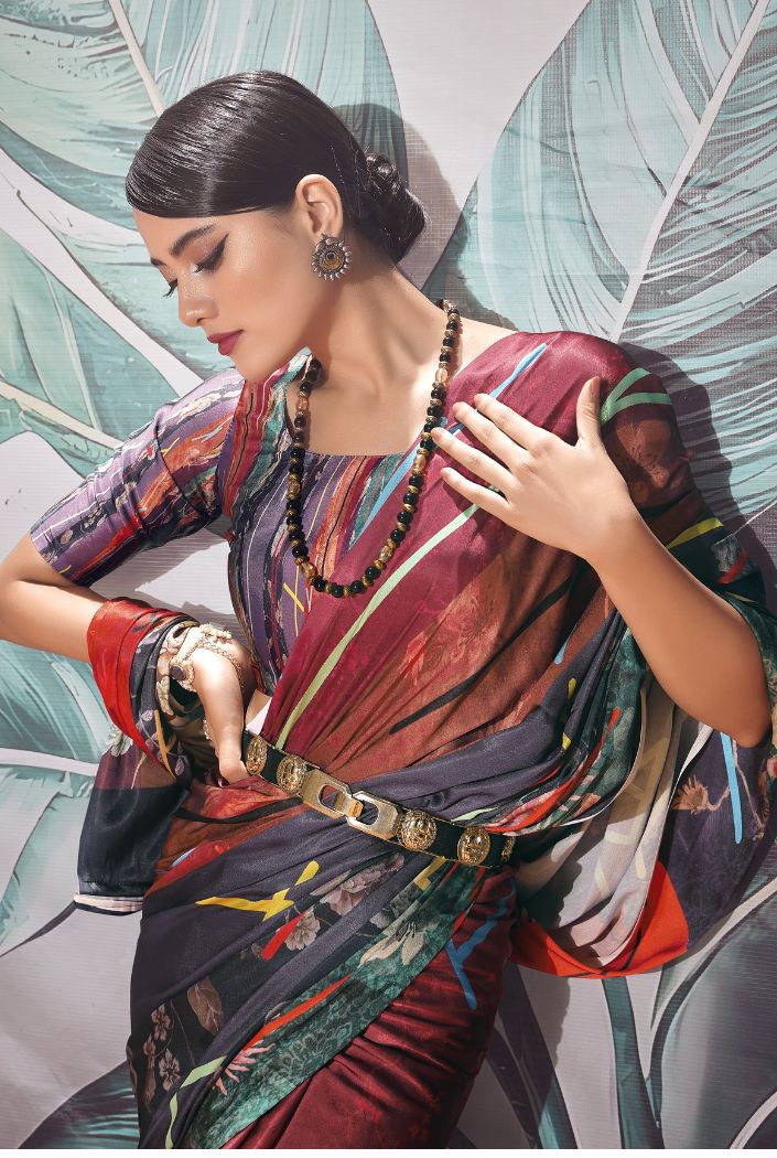 Buy MySilkLove Au Chico Brown Printed Satin Silk Saree Online
