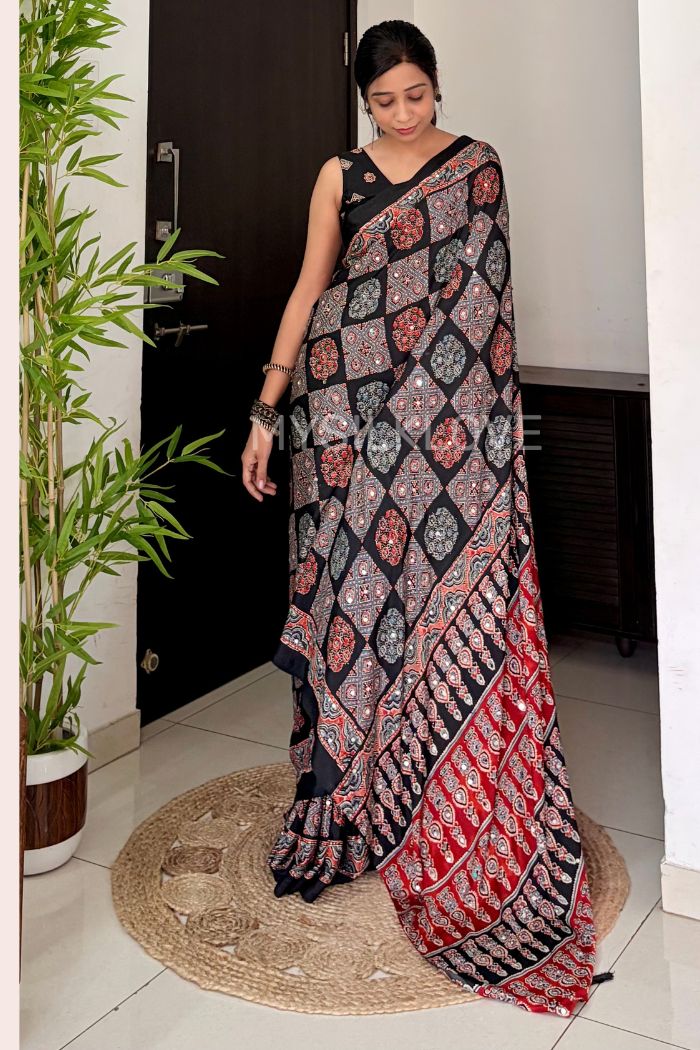Buy MySilkLove Flint Black Ajrakh Modal Mirror Work Satin Silk Saree Online