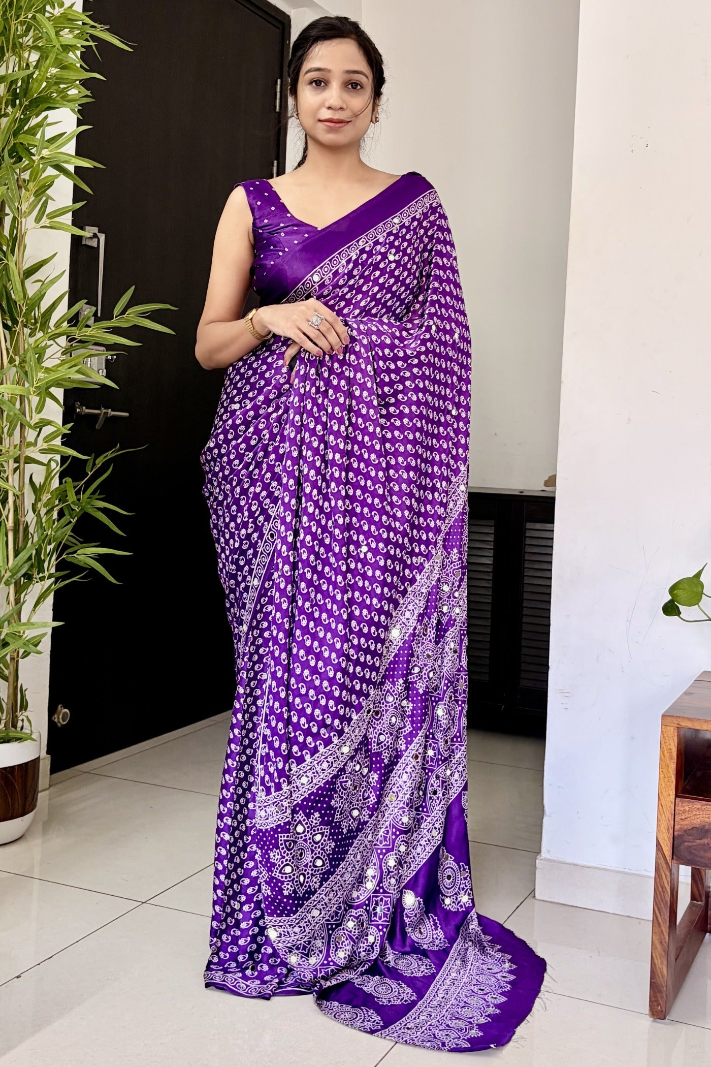 Buy MySilkLove True Purple Modal Ajrakh Satin Printed Mirror Work Saree Online