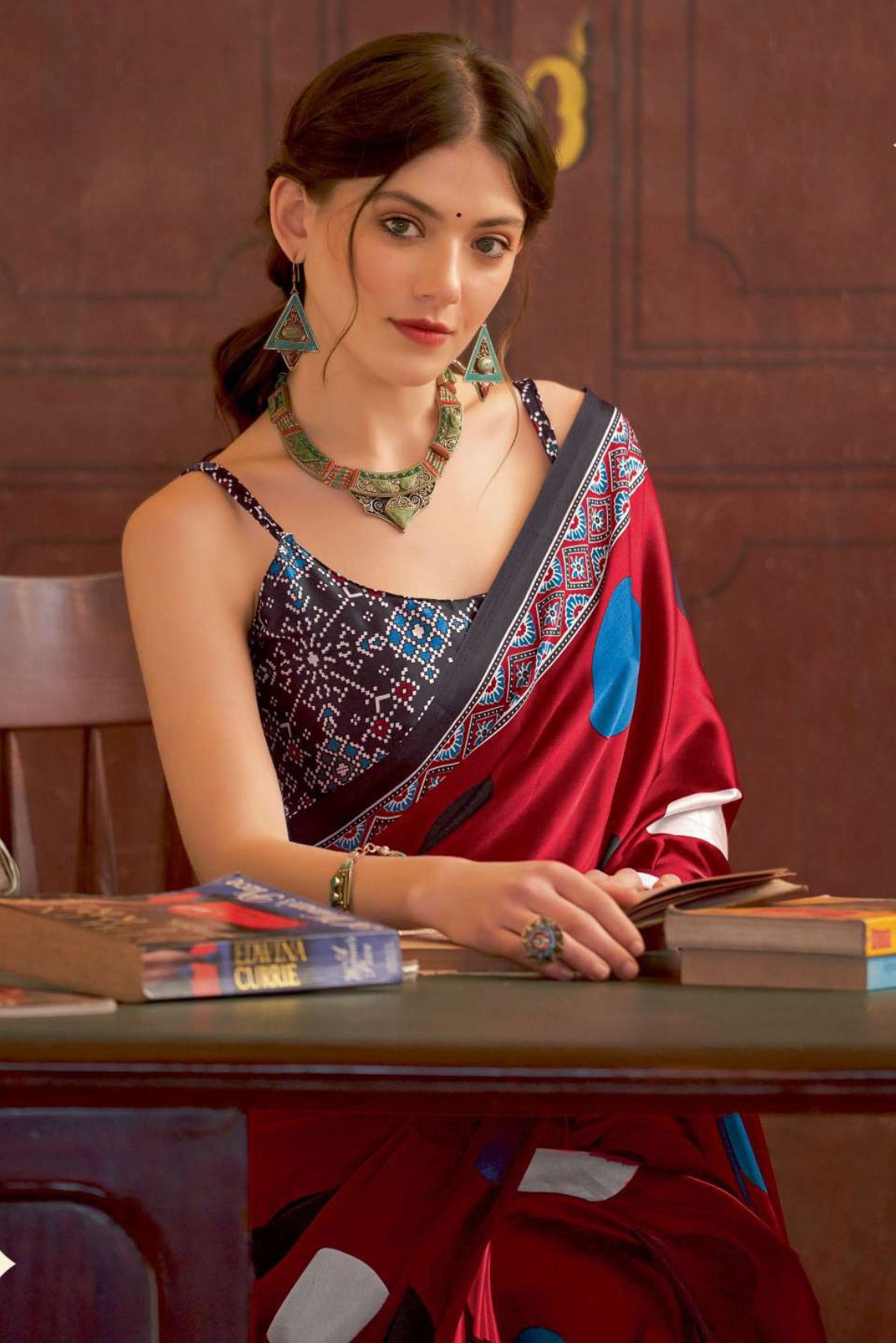 Buy MySilkLove Brick Red Ajrakh Printed Satin Crepe Saree Online