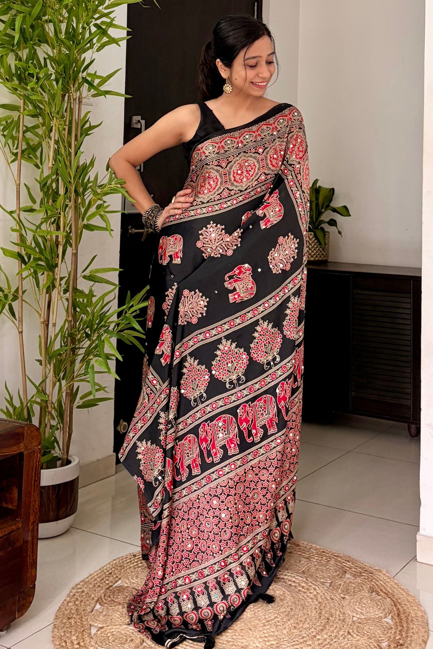 MySilkLove Raven Black Ajrakh Satin Printed Mirror Work Saree