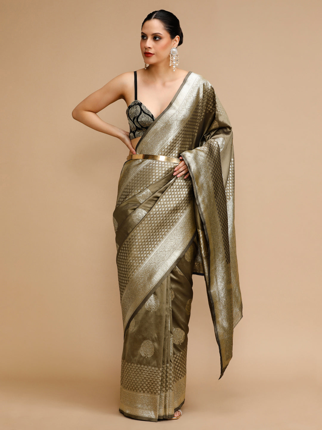 Buy MySilkLove Bronze Gold Woven Jacquard Lichi Silk Saree Online