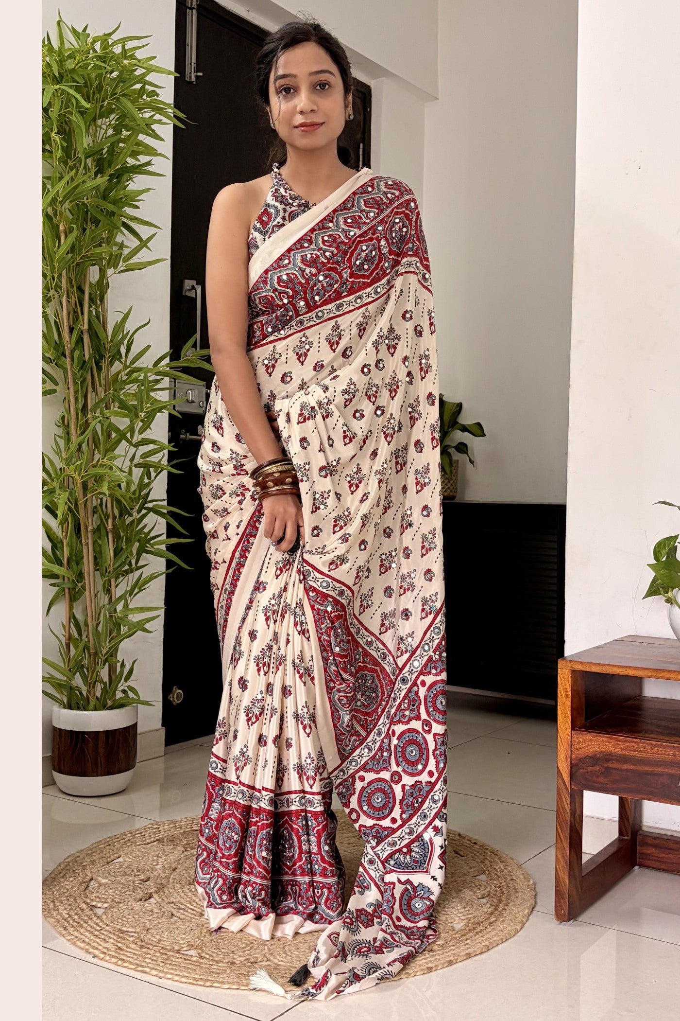 Buy MySilkLove Neutral Beige Modal Ajrakh Satin Printed Mirror Work Saree Online