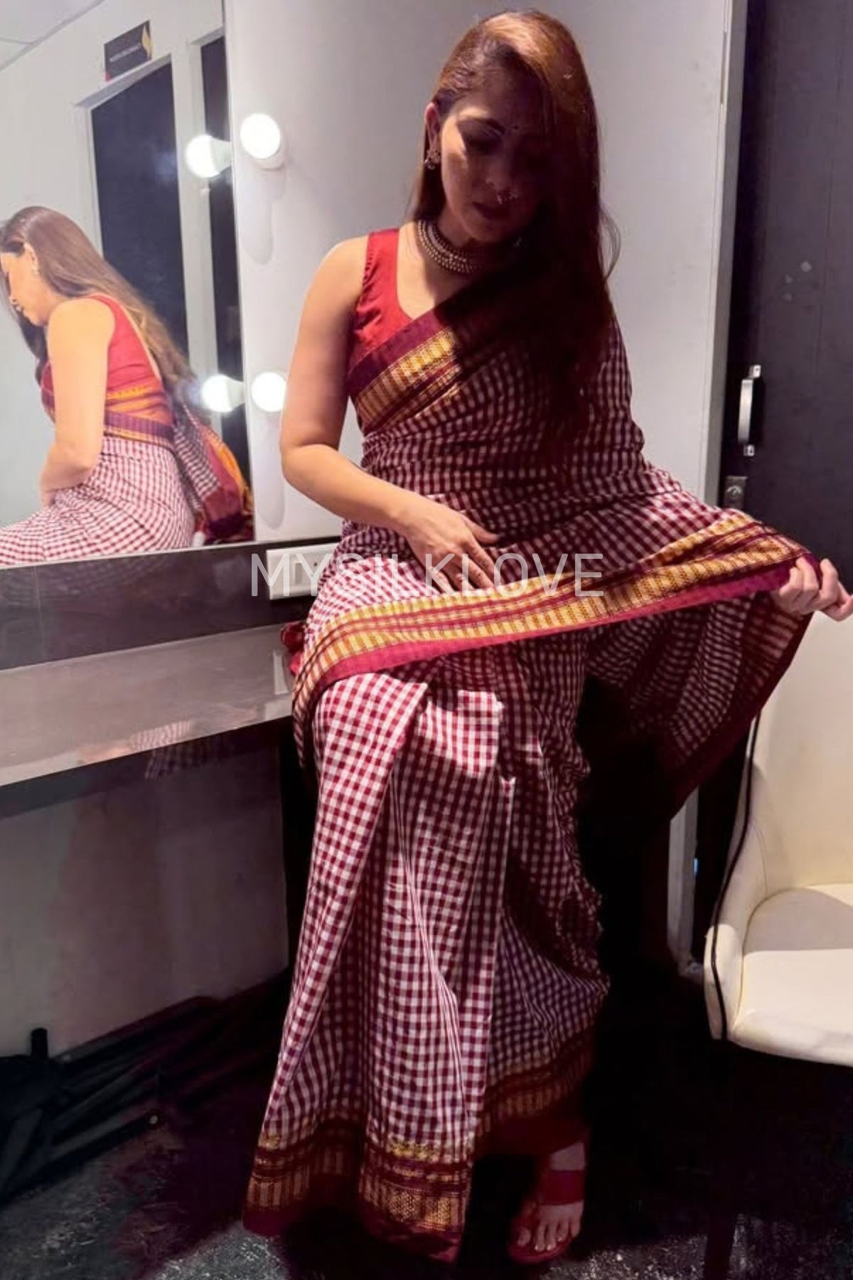Buy MySilkLove Sonali Kulkarni Inspired: Brown Checks Pattern Pure Silk Irkal Saree Online