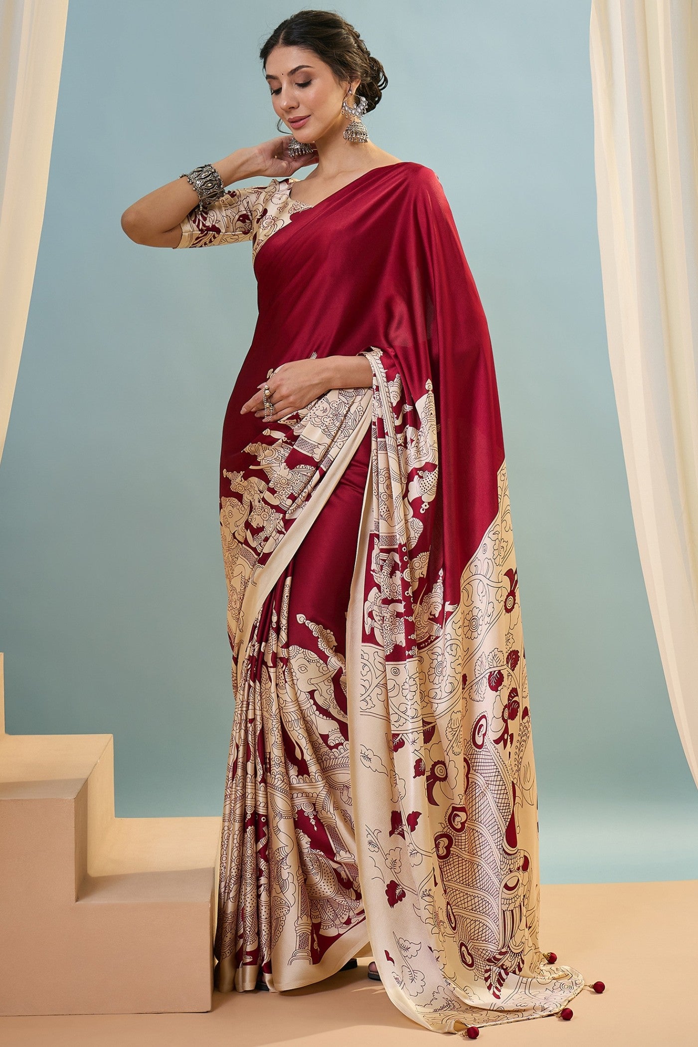 Buy MySilkLove Berry Red Ajrakh Printed Satin Crepe Silk Saree Online