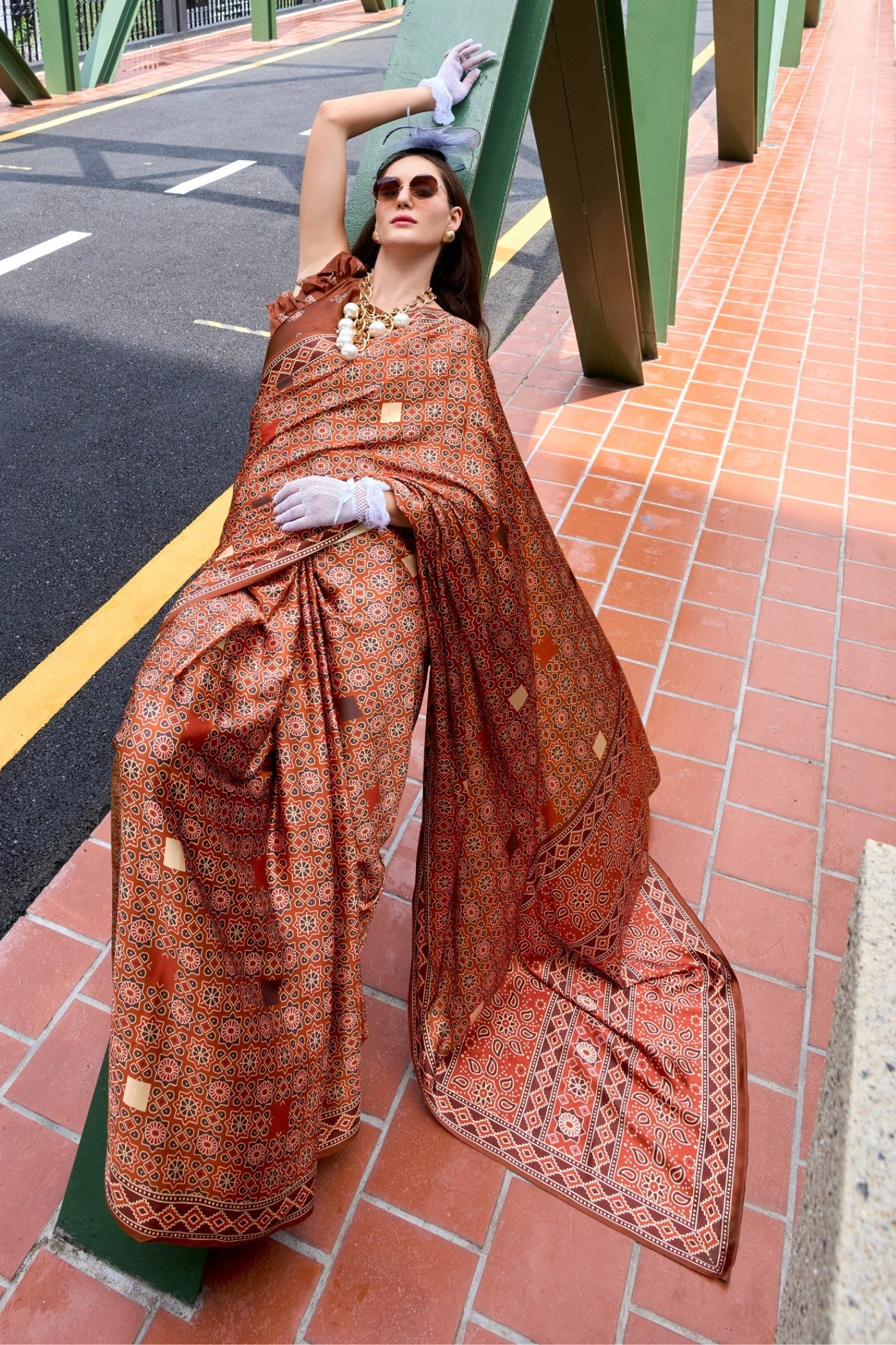 Buy MySilkLove Pecan Brown Ajrakh Printed Satin Crepe Silk Saree Online