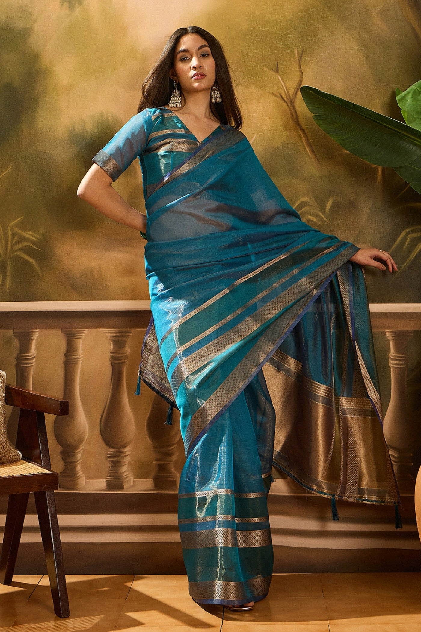 Buy MySilkLove Bondi Blue Woven Organza Saree Online