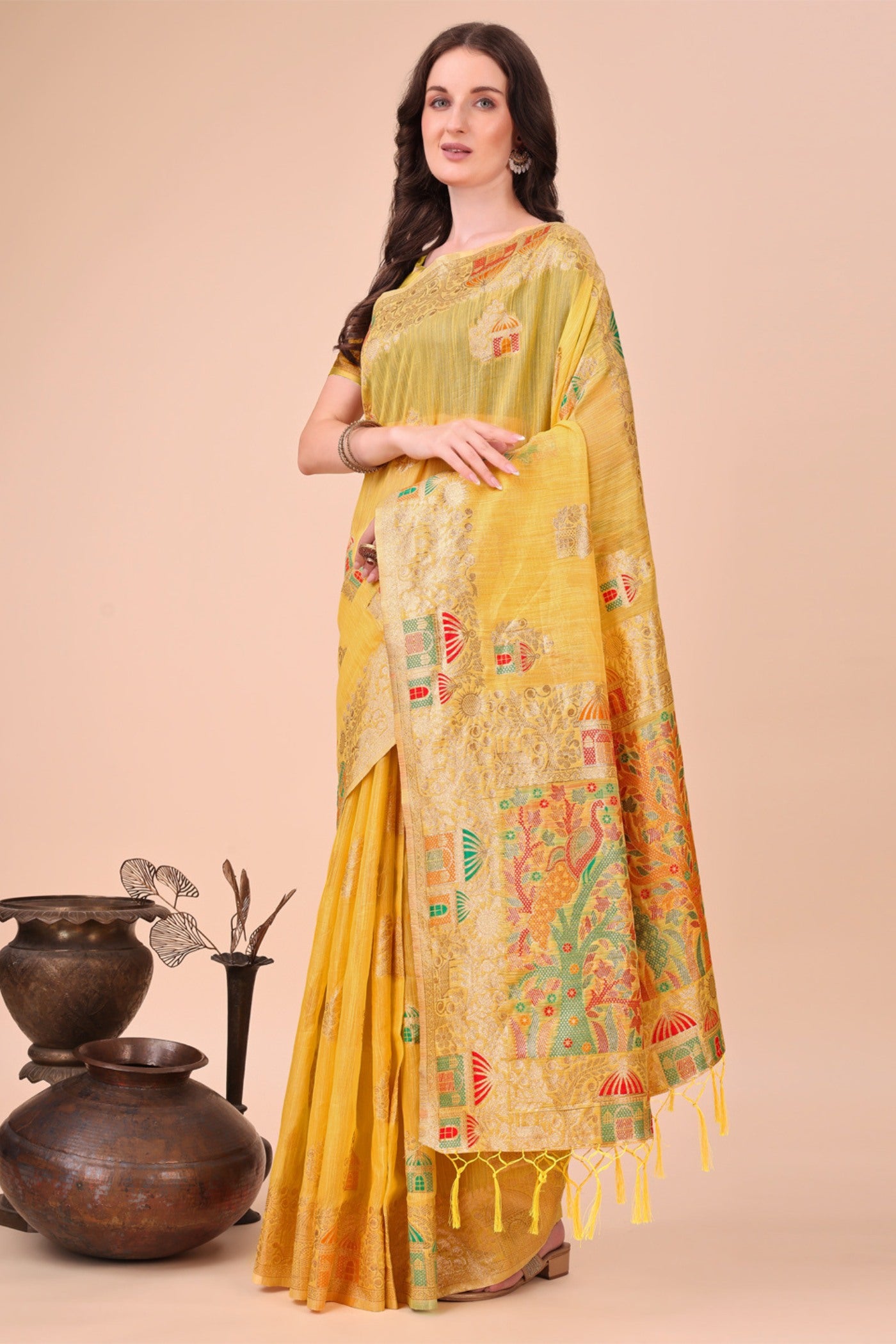Buy MySilkLove Cyber Yellow Linen Cotton Saree Online