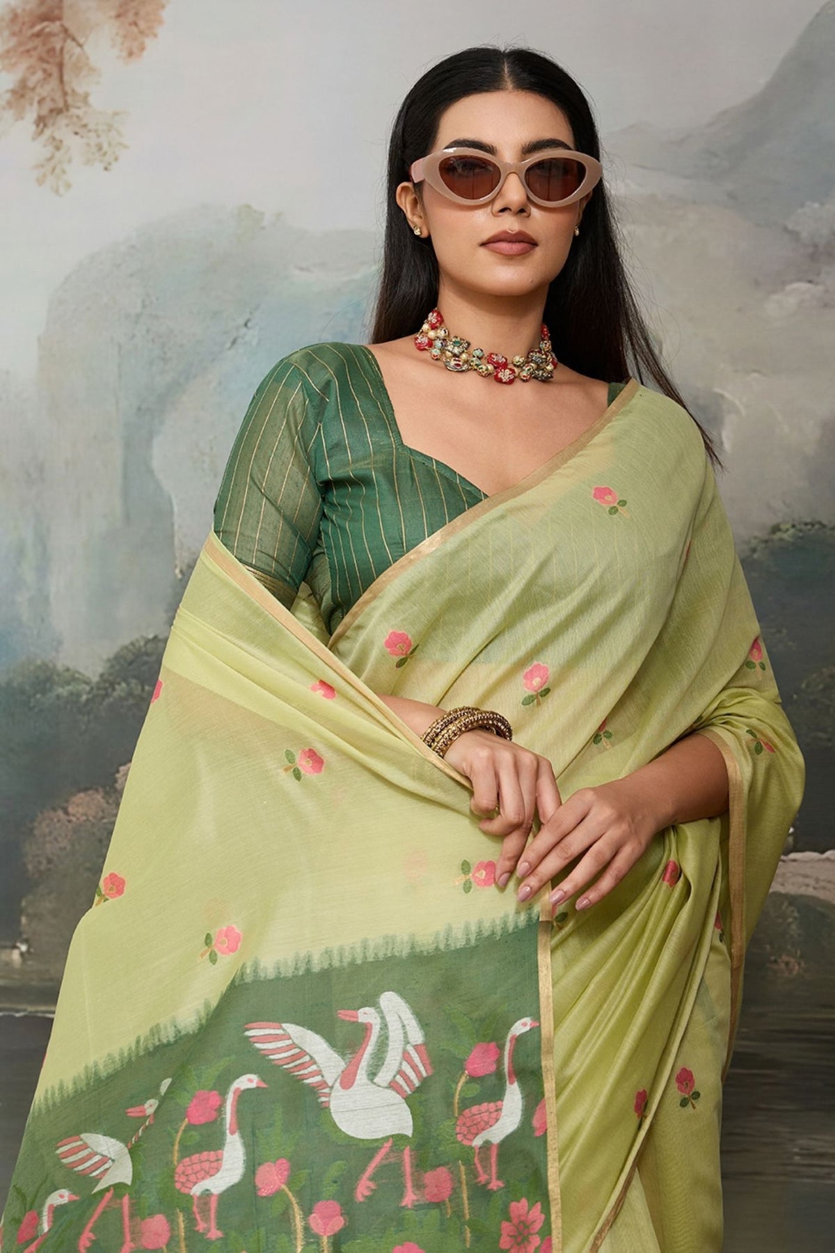 Buy MySilkLove Willow Green Cotton Handloom Swan Saree Online