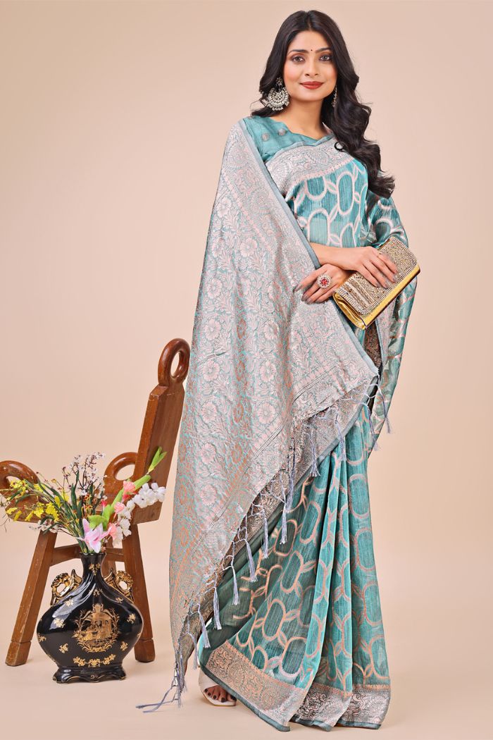 Buy MySilkLove Sky Blue Linen Cotton Saree Online