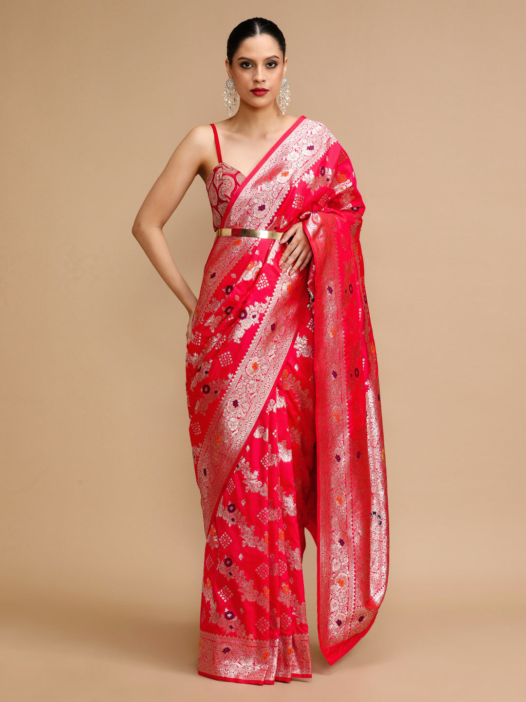 Buy MySilkLove Rosewood Pink Woven Jacquard Lichi Silk Saree Online
