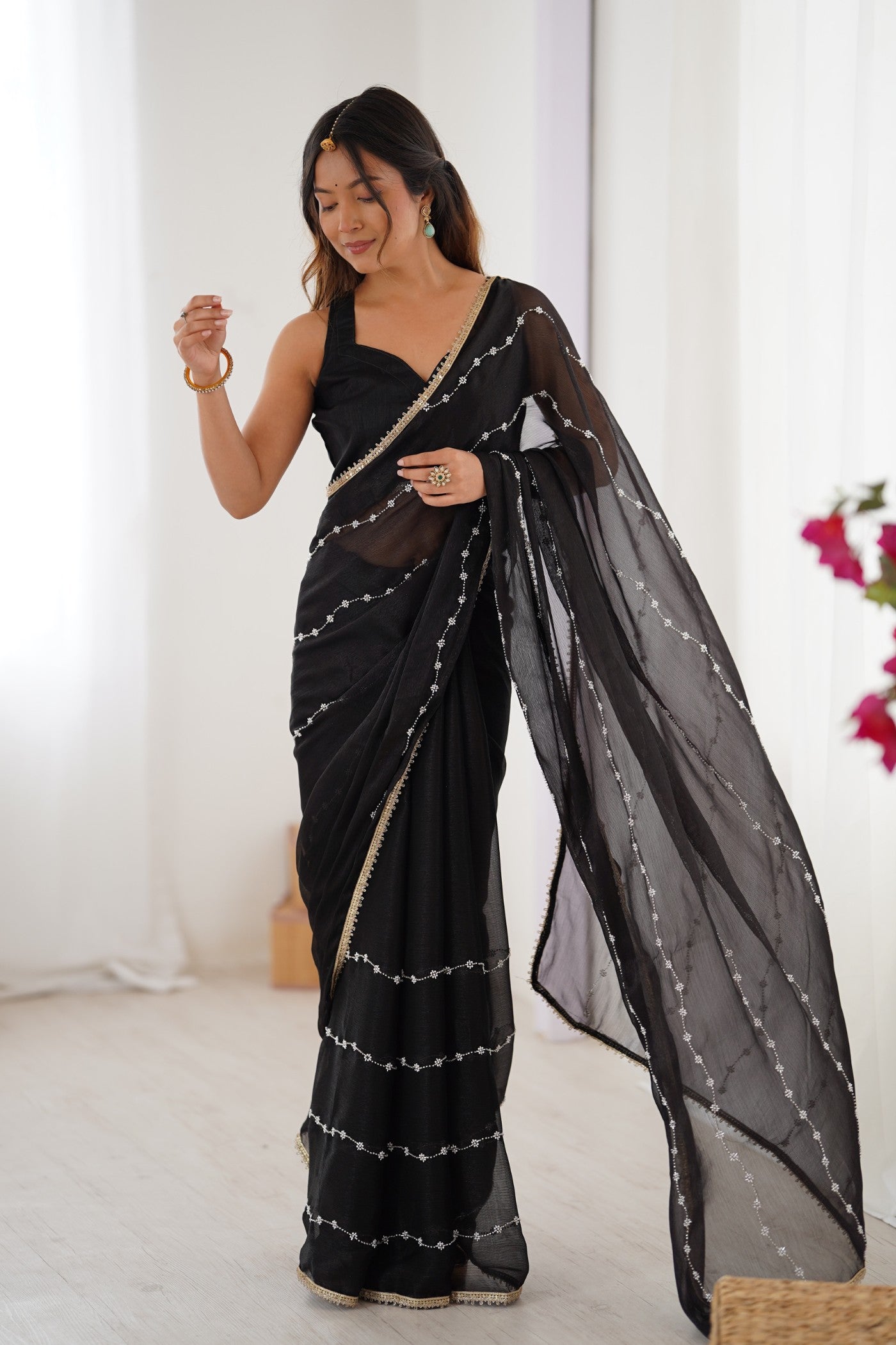 Buy MySilkLove Coral Black Chiffon Partywear Saree Online