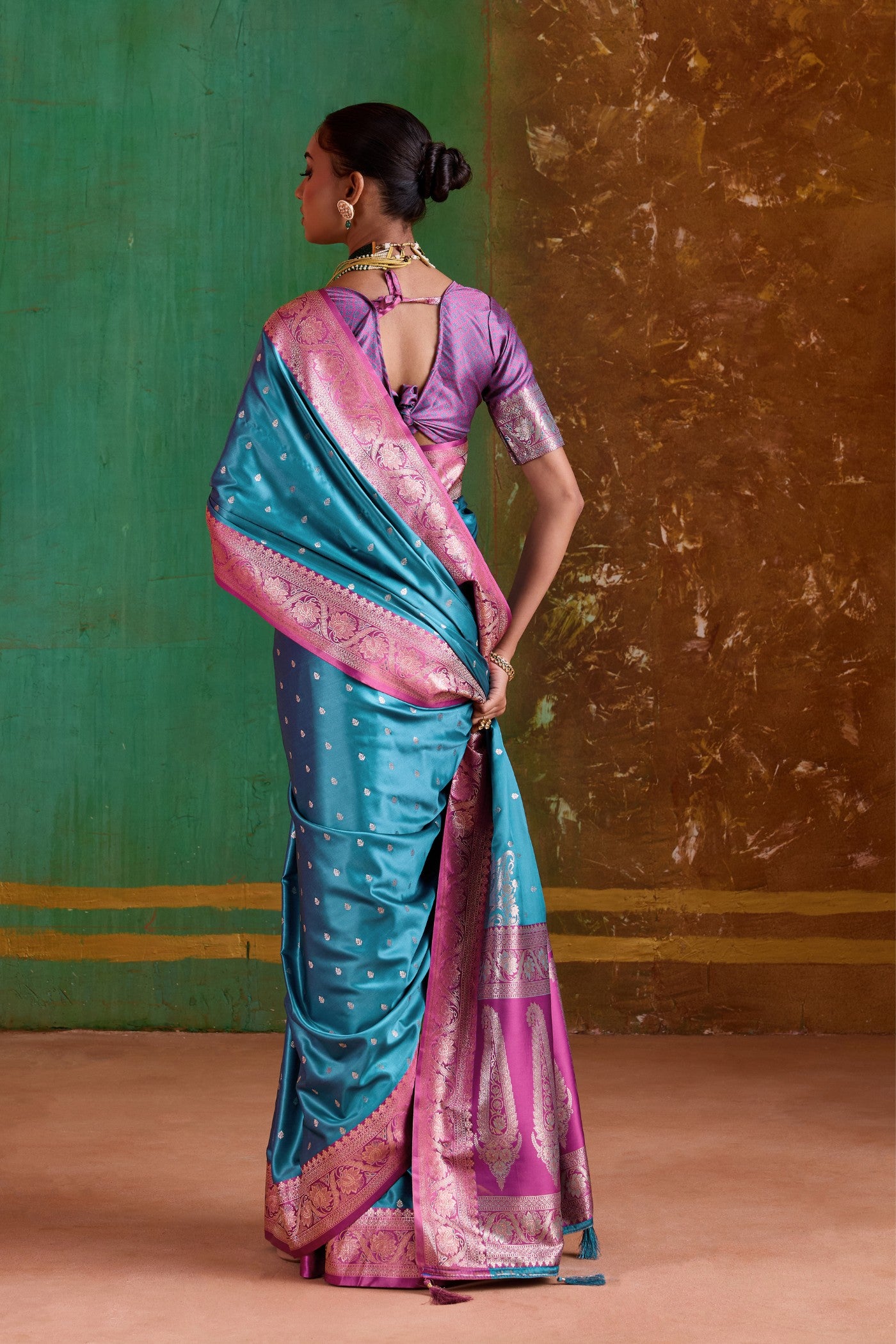 Buy MySilkLove Font Blue Handloom Satin Silk Saree Online