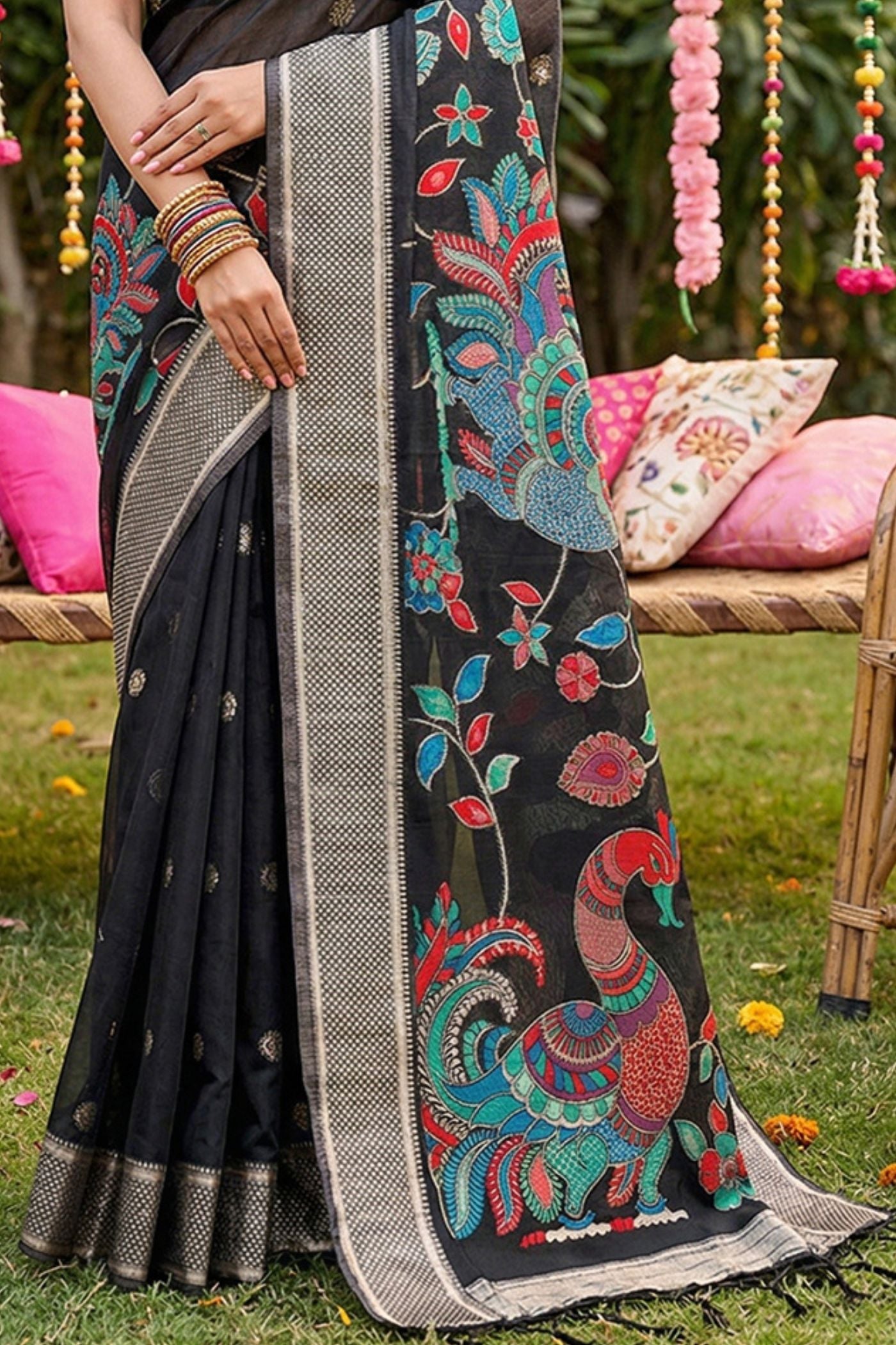 Buy MySilkLove Jet Black Woven Linen Cotton Saree Online