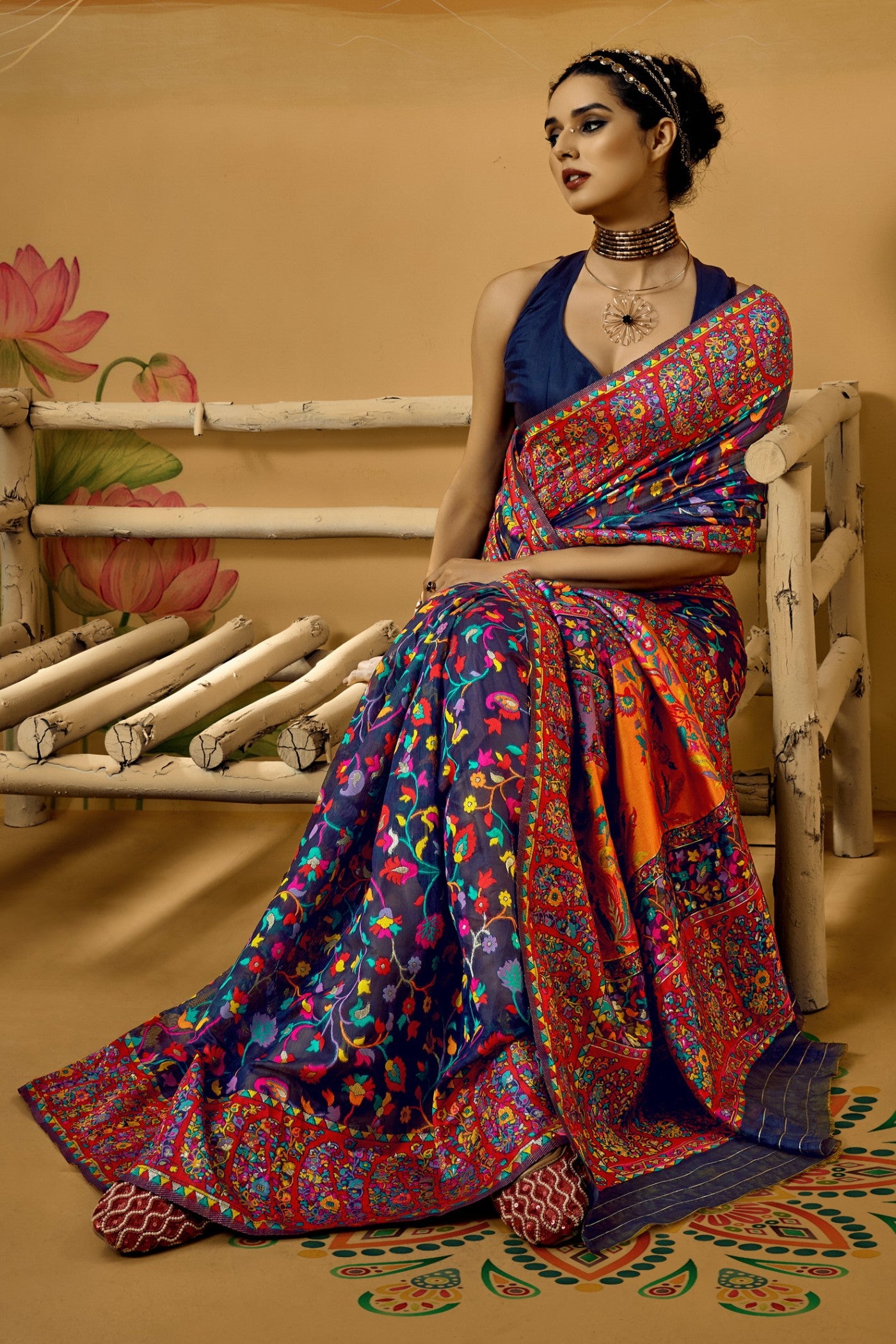Buy MySilkLove Brandeis Blue Kashmiri Handloom Jamewar Saree Online
