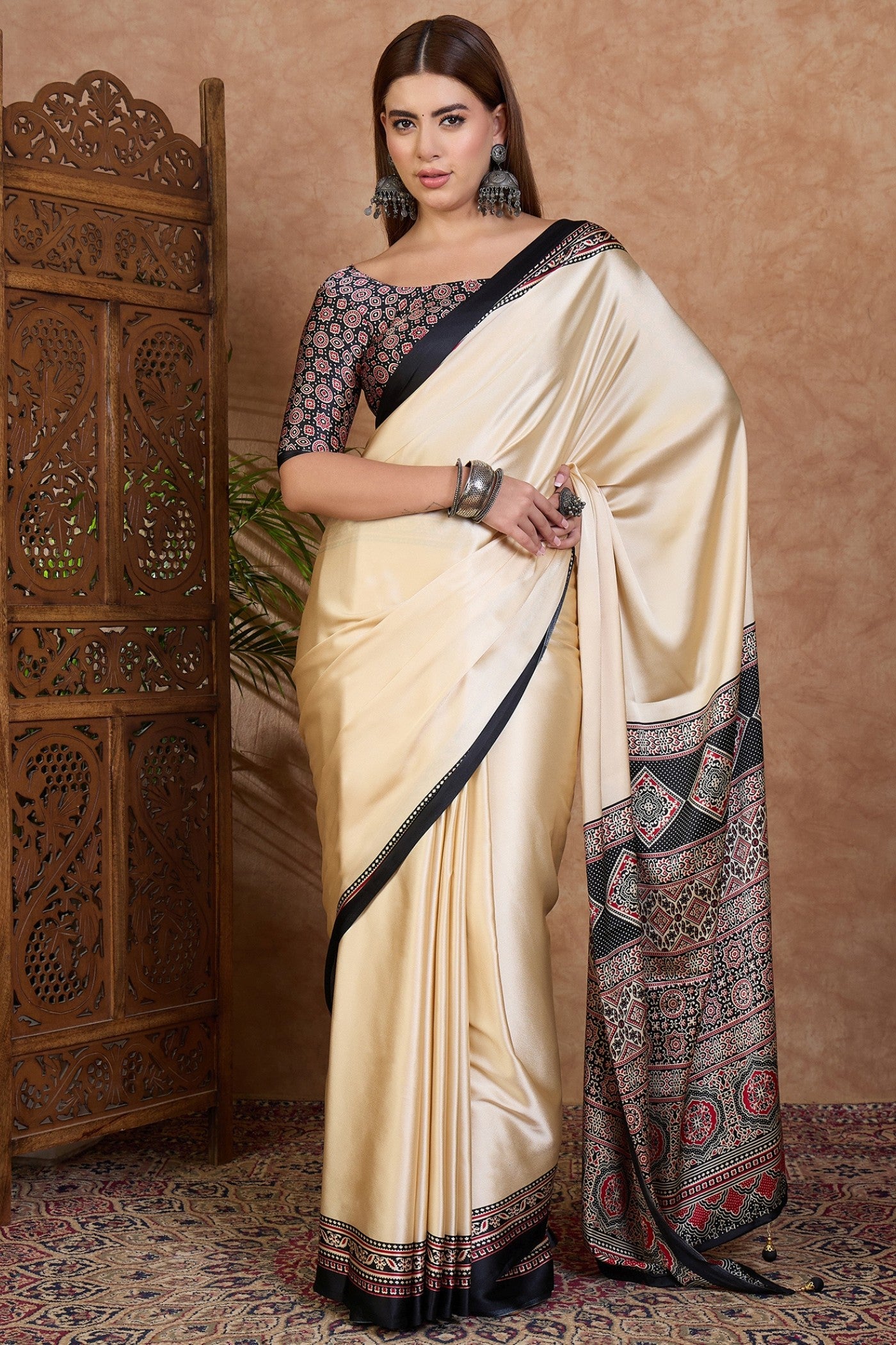 Buy MySilkLove Bavarain Cream Ajrakh Printed Satin Crepe Silk Saree Online