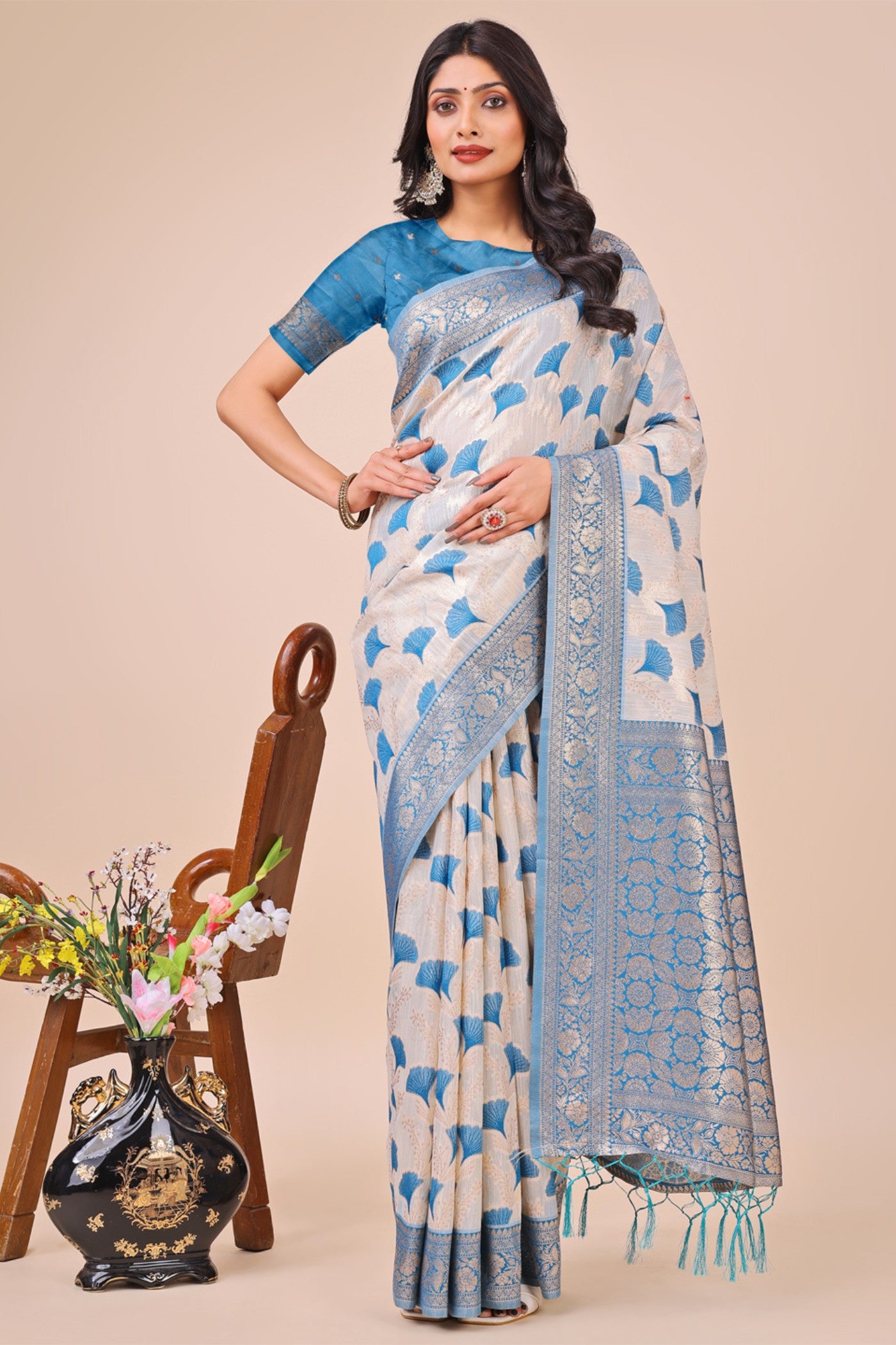 Buy MySilkLove Ice White and Blue Linen Cotton Saree Online