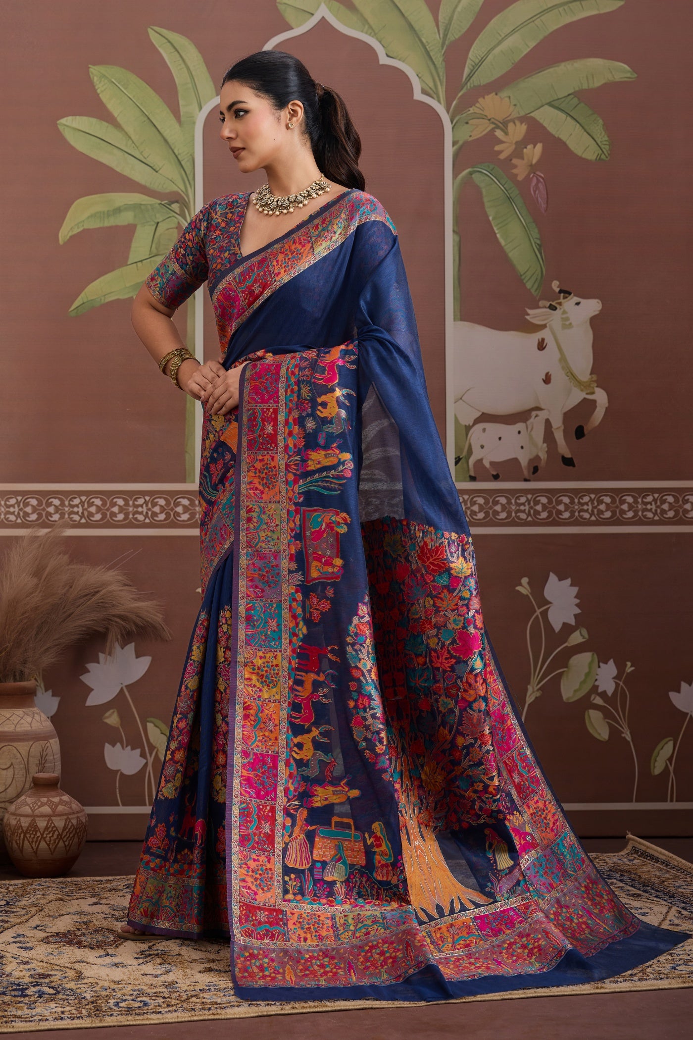 Buy MySilkLove Navy Blue Kashmiri Handllom Jamewar Saree Online