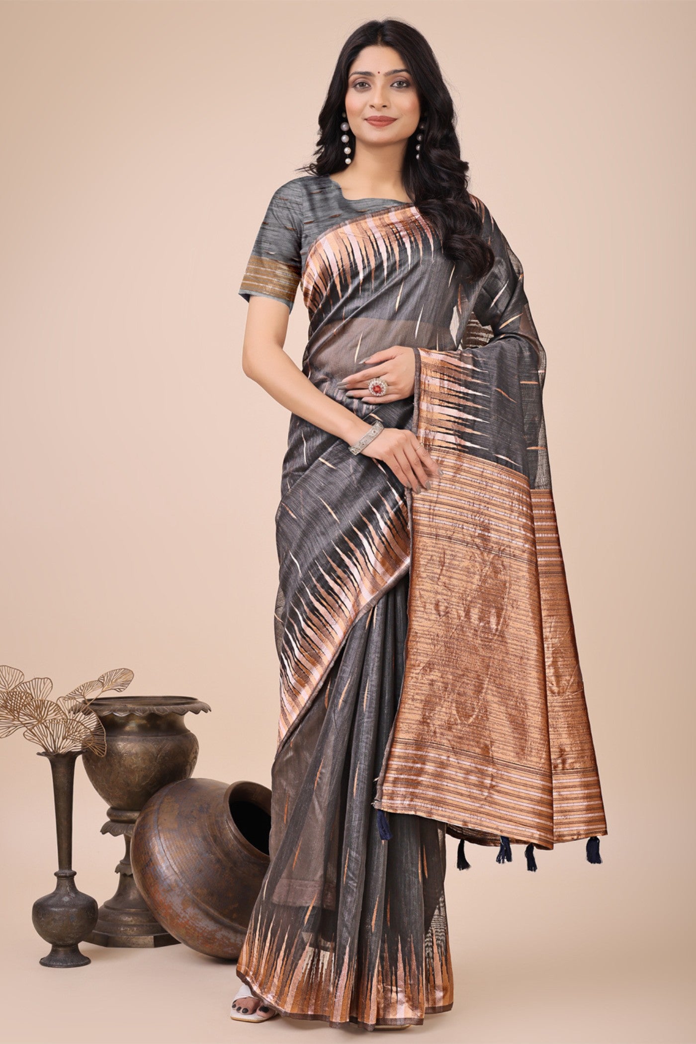 Buy MySilkLove Slate Grey Linen Cotton Saree Online