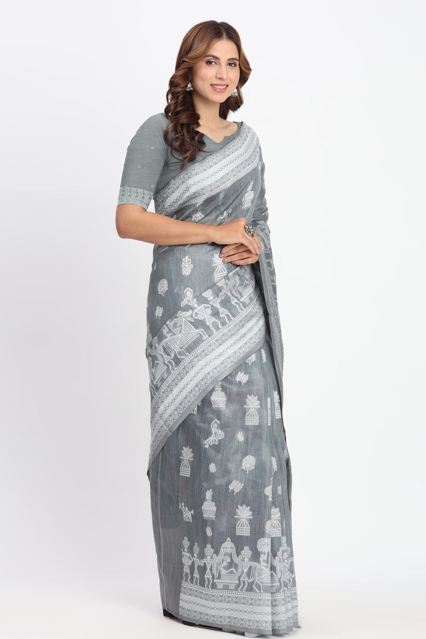 Buy MySilkLove Battleship Grey Woven Linen Cotton Saree Online