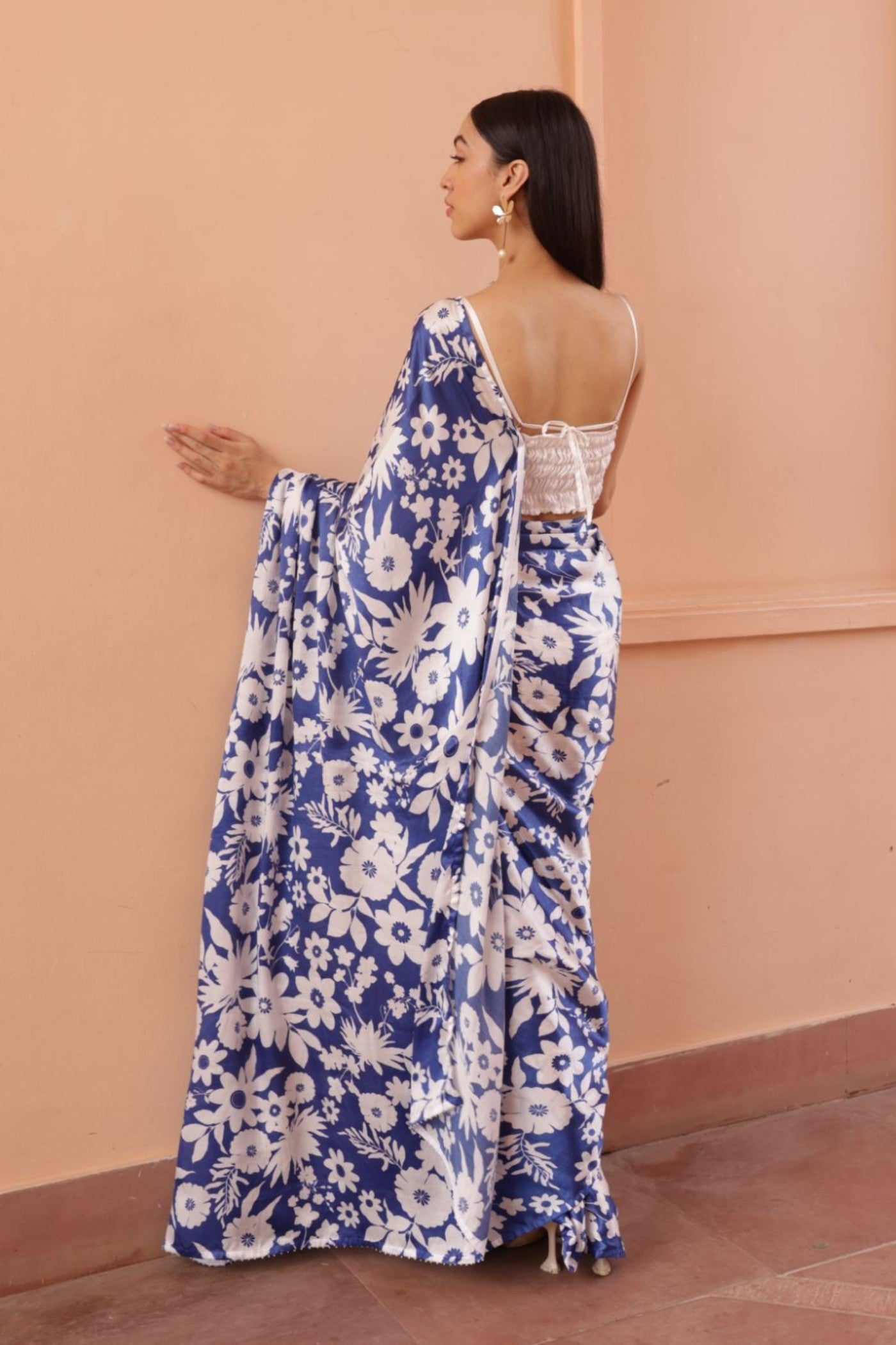 Buy MySilkLove Classic Blue and White Floral Printed Satin Silk Saree Online