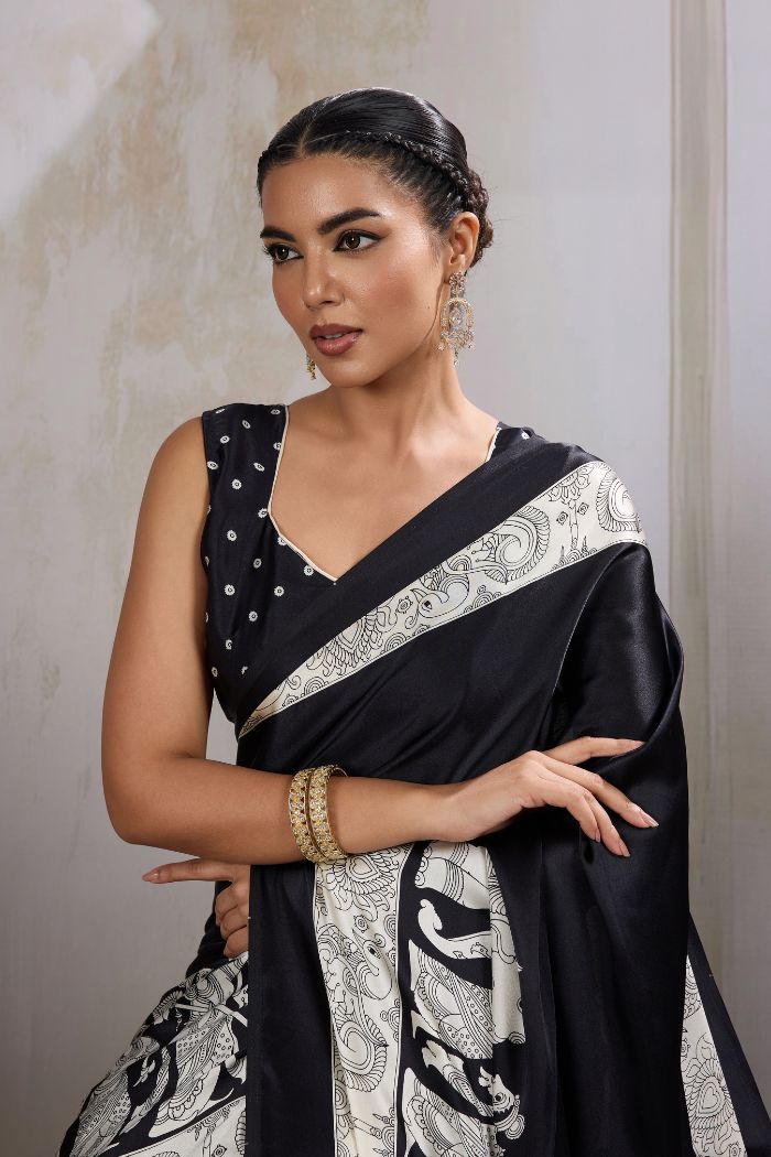 Buy MySilkLove Raven Black Modal Ajrakh Printed Satin Silk Saree Online