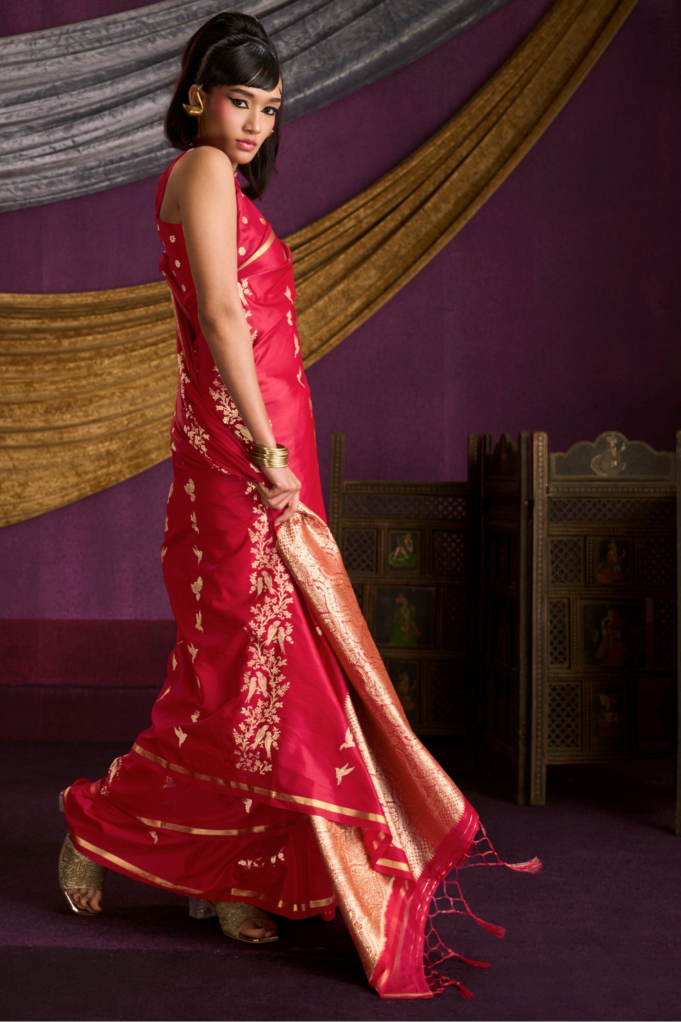 Buy MySilkLove Tomato Red Handloom Satin Silk Saree Online