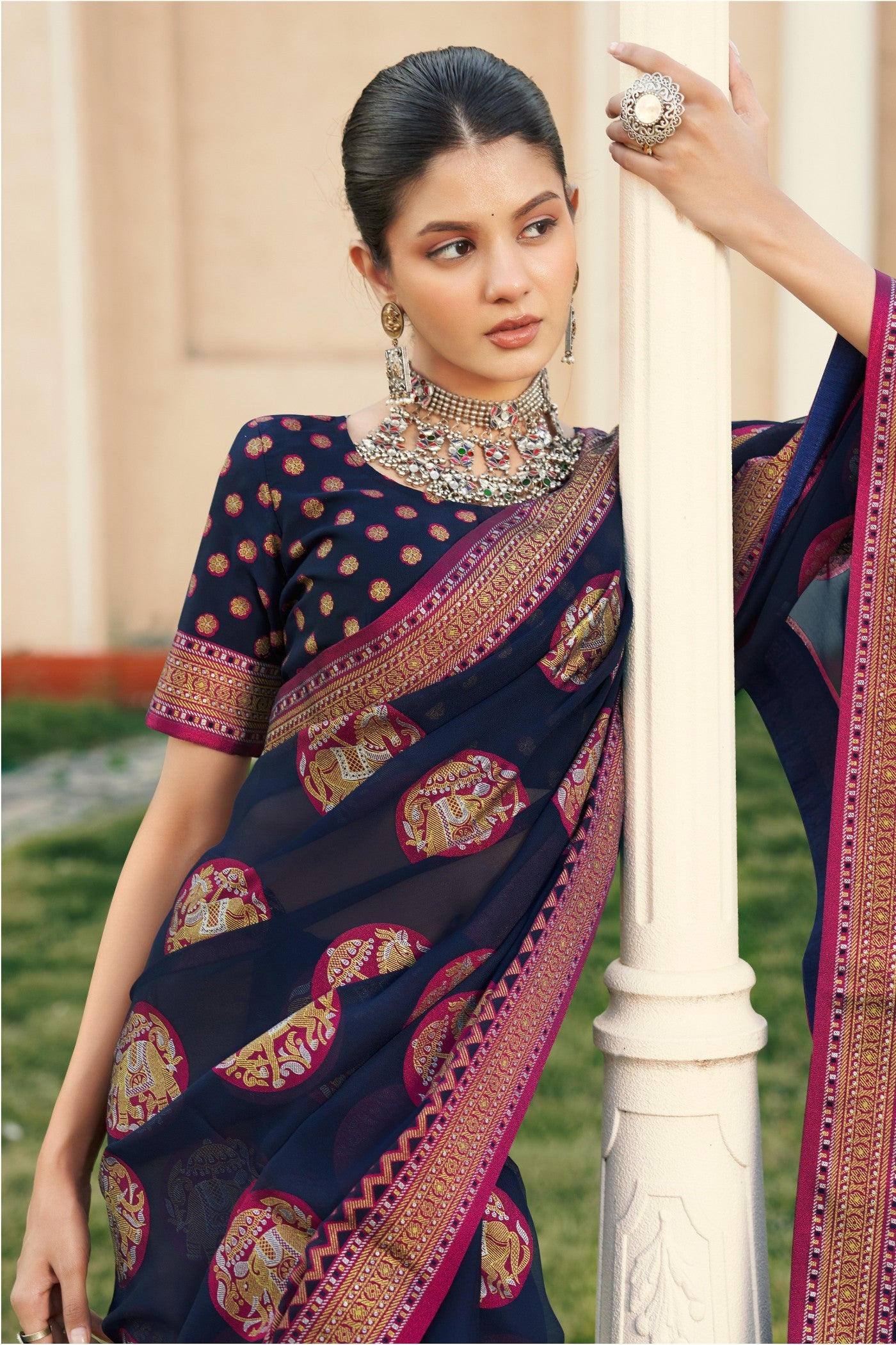 Buy MySilkLove Gunmetal Blue Banarasi Georgette Saree Online