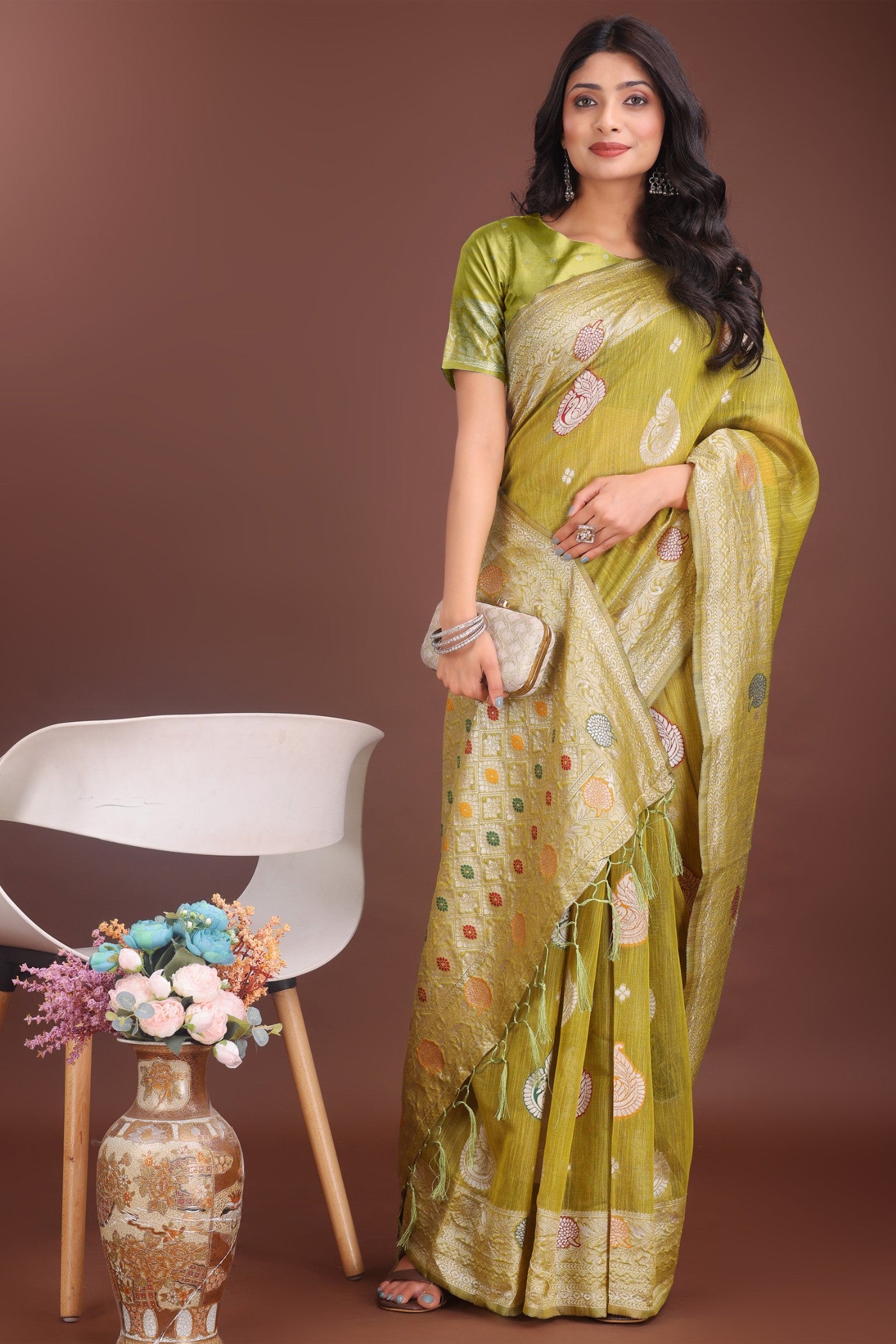 Buy MySilkLove Slime Green Linen Cotton Saree Online