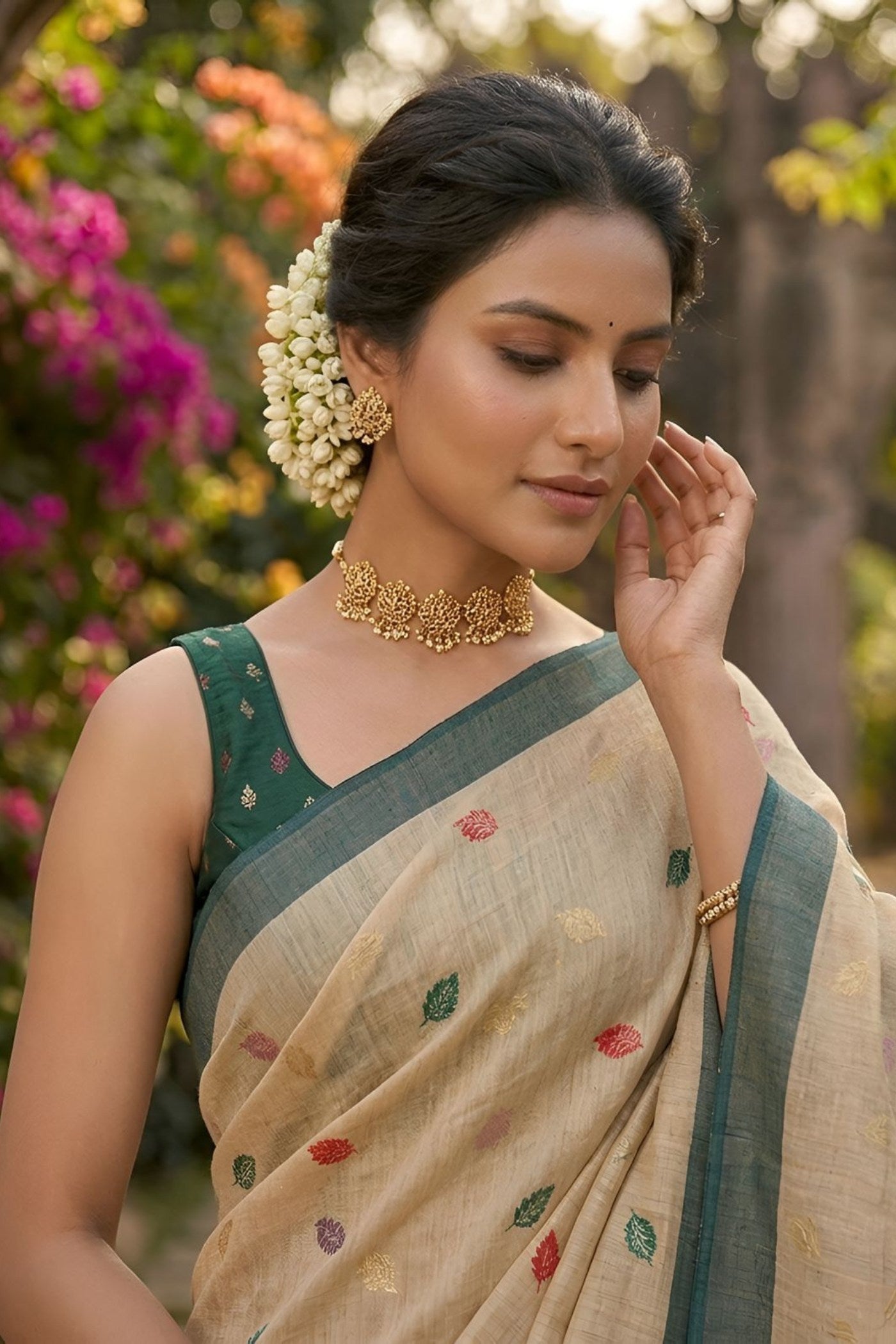 Buy MySilkLove Champagne Cream Woven Linen Saree Online